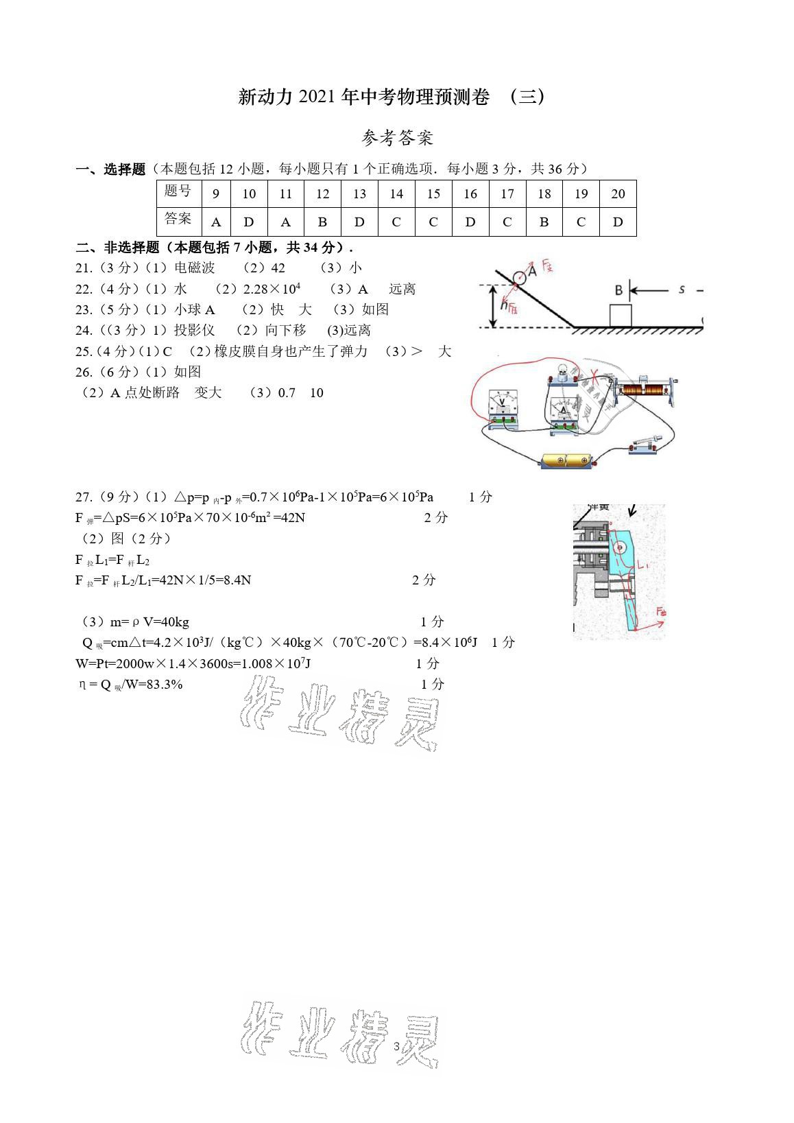 2021年新动力中考预测卷物理武汉专用&nbsp;参考答案第3页