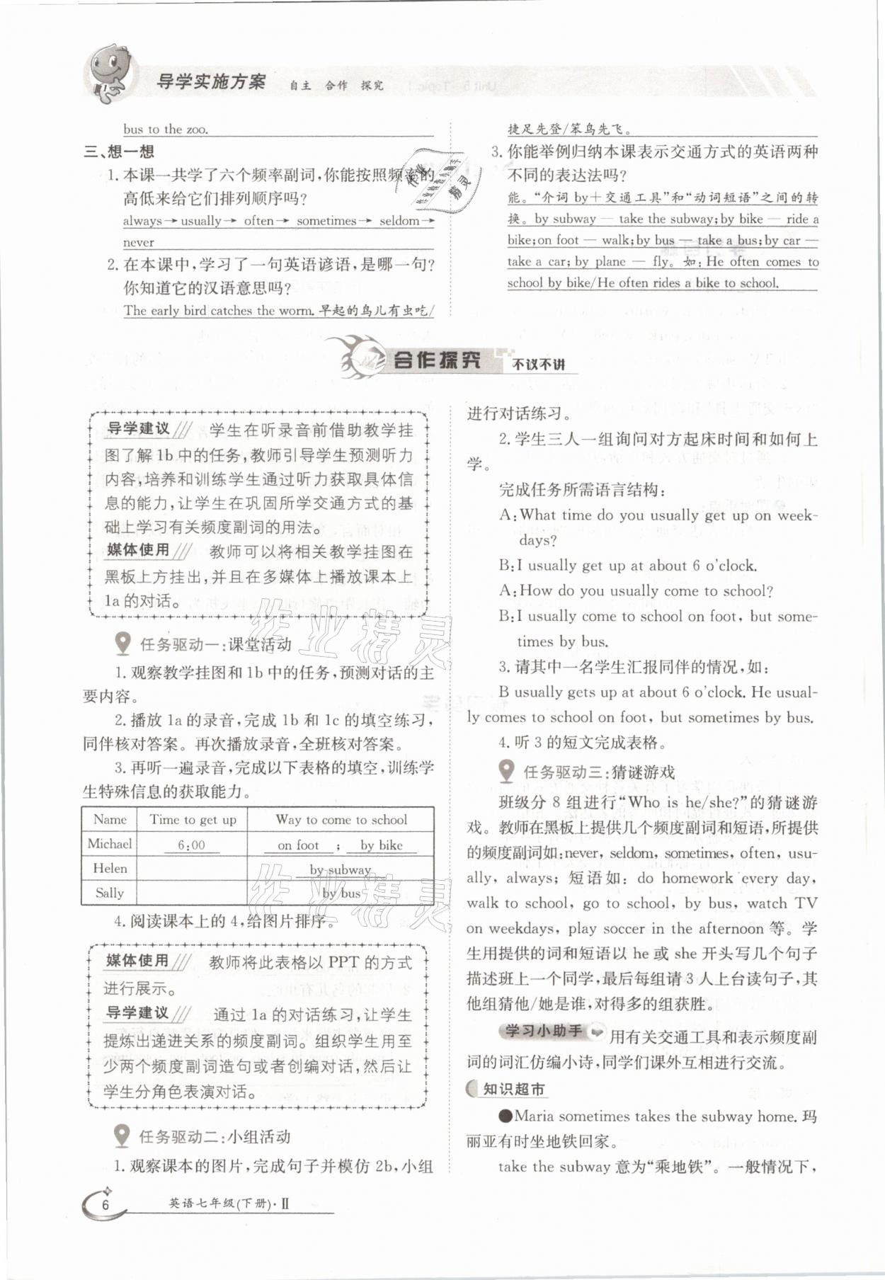 2021年三段六步導學案七年級英語下冊仁愛版 參考答案第6頁