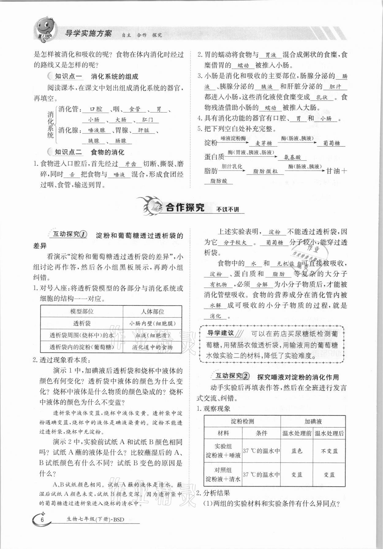 2021年三段六步導學案七年級生物下冊北師大版 參考答案第6頁