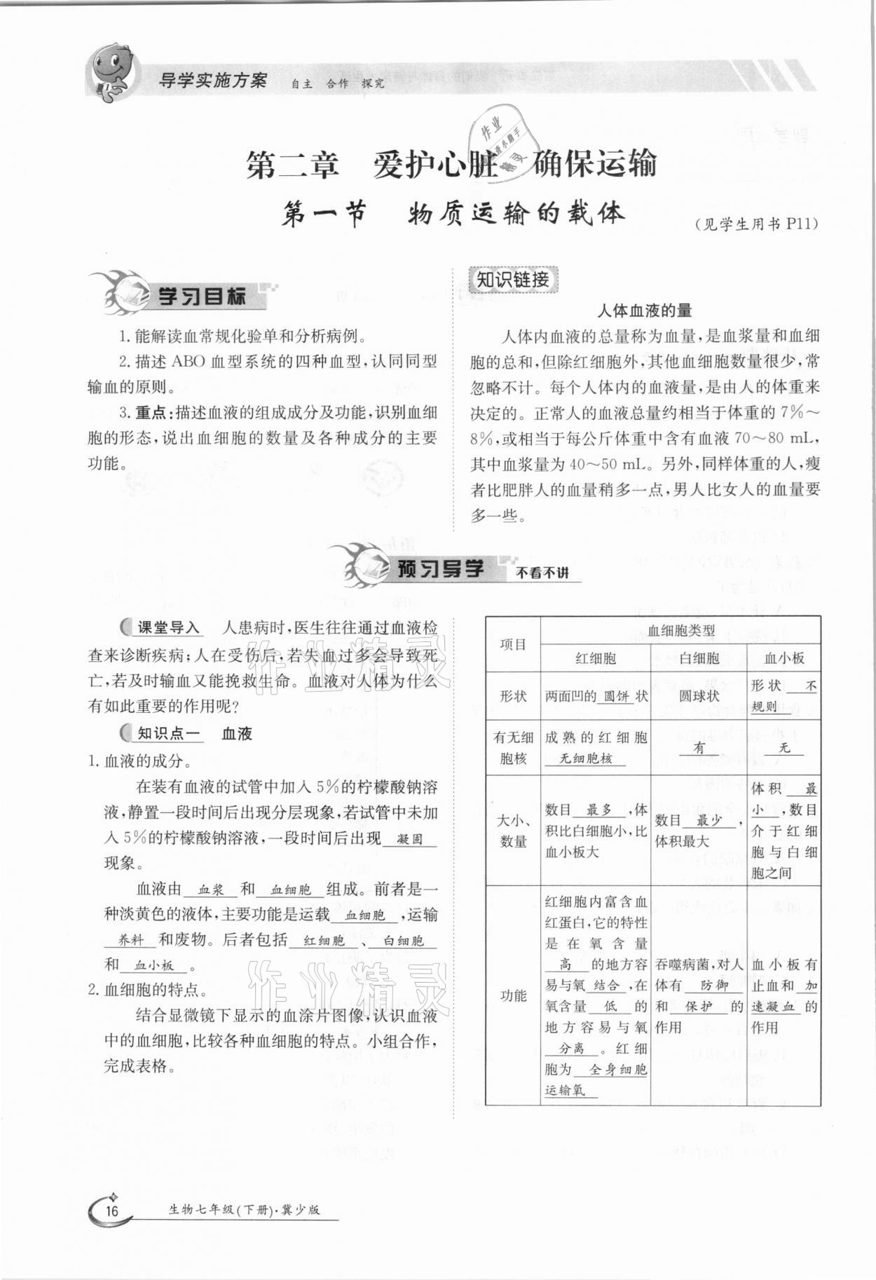 2021年三段六步導學案七年級生物下冊冀少版 參考答案第16頁