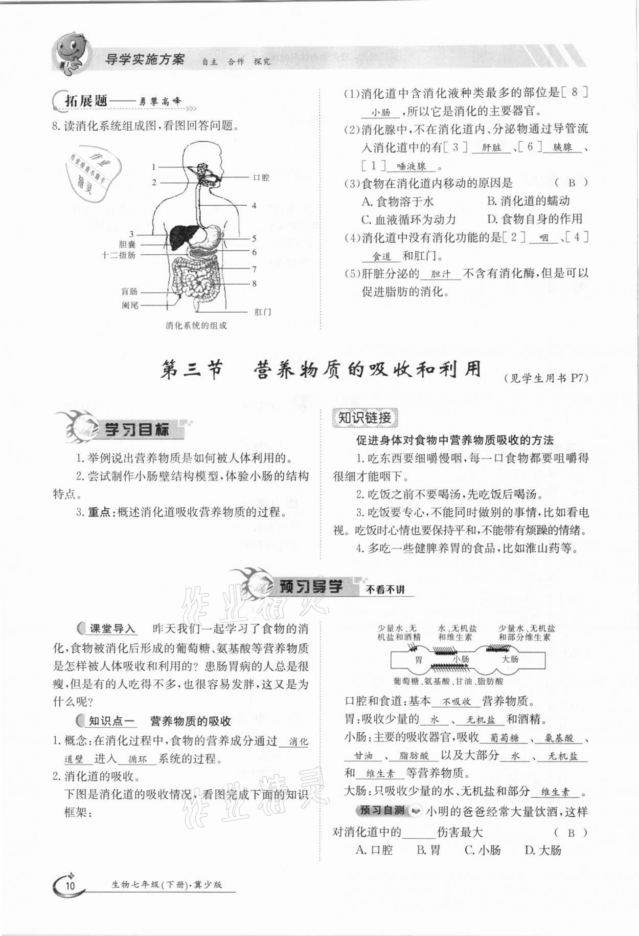 2021年三段六步導(dǎo)學(xué)測(cè)評(píng)七年級(jí)生物下冊(cè)冀少版 參考答案第10頁