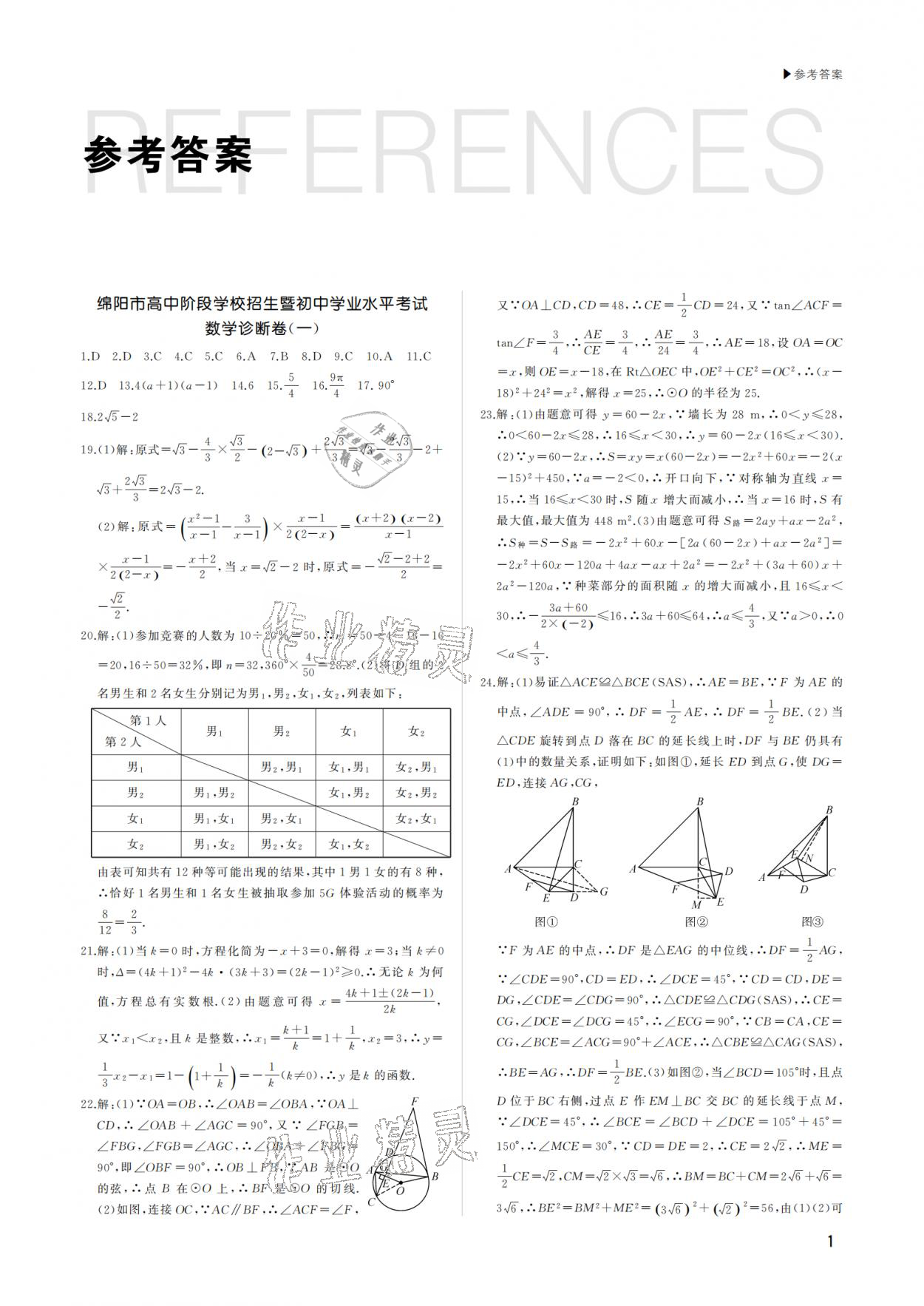 2021年绵阳中考诊断卷数学 参考答案第1页