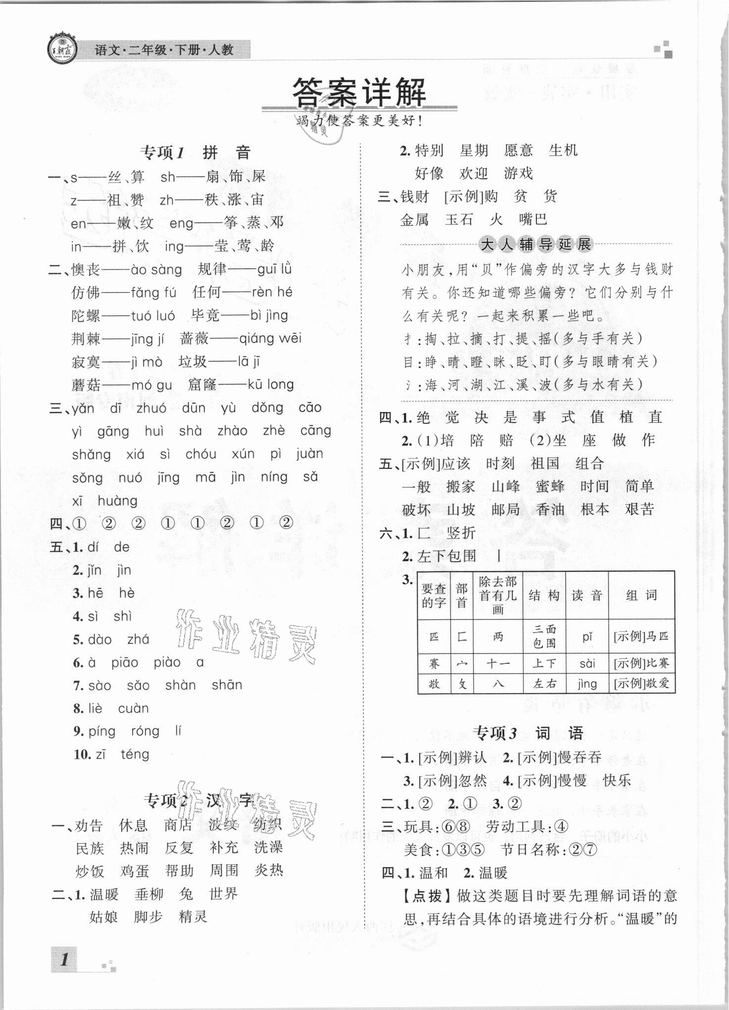 2021年王朝霞各地期末試卷精選二年級語文下冊人教版河南專版 參考答案第1頁