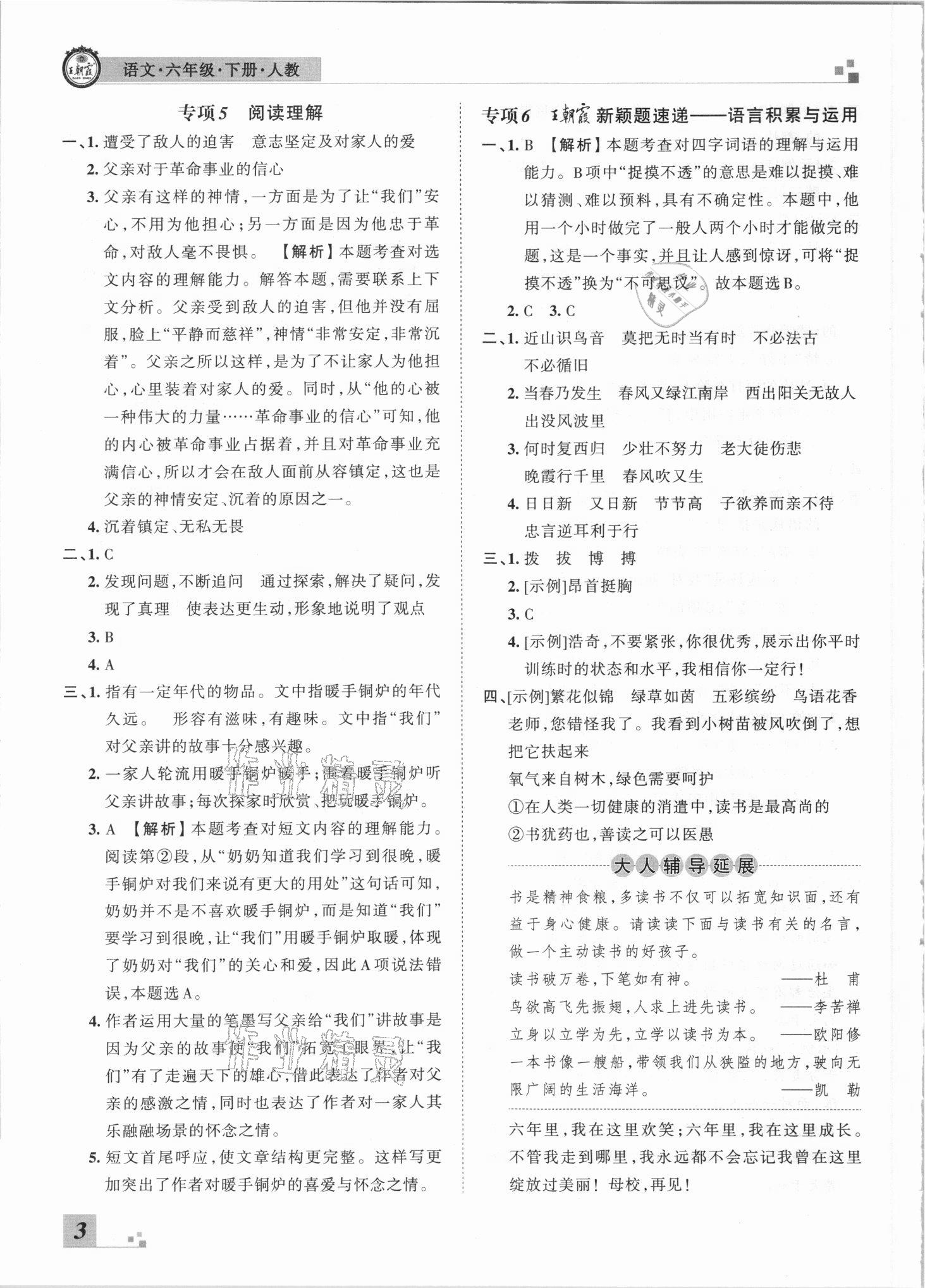 2021年王朝霞各地期末试卷精选六年级语文下册人教版河南专版 参考答案第3页