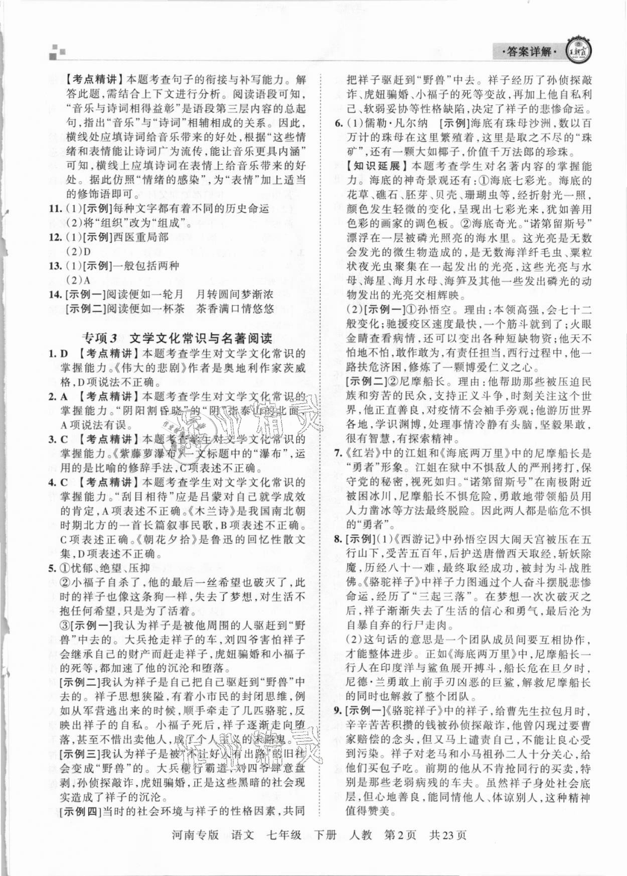 2021年王朝霞各地期末試卷精選七年級語文下冊人教版河南專版 參考答案第2頁