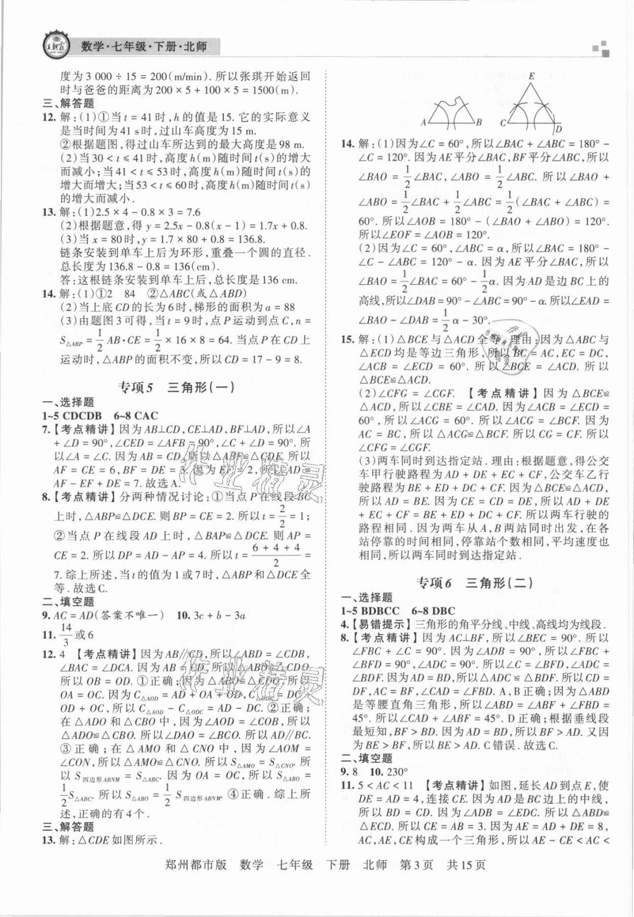 2021年王朝霞期末真題精編七年級數(shù)學(xué)下冊北師大版鄭州專版 參考答案第3頁