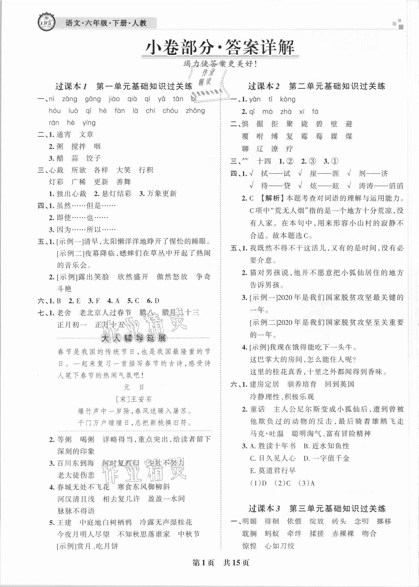 2021年王朝霞期末真題精編六年級語文下冊人教版鄭州專版 參考答案第1頁