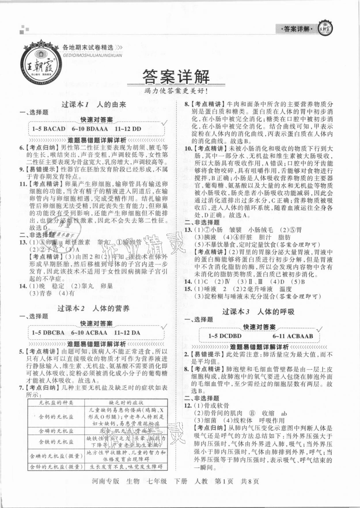 2021年王朝霞各地期末试卷精选七年级生物下册人教版河南专版 第1页