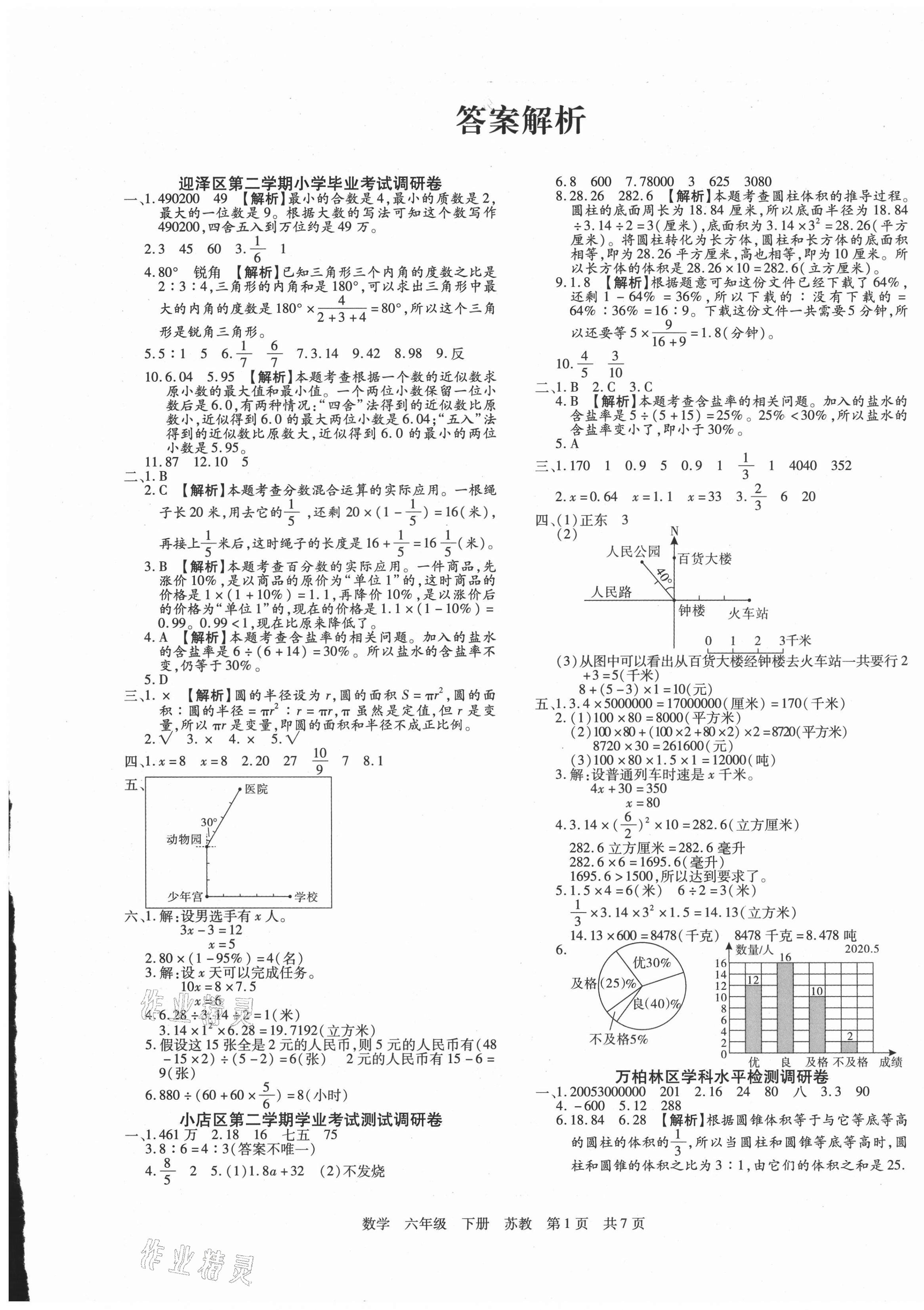 2021年學(xué)業(yè)測評期末真題必刷卷六年級數(shù)學(xué)下冊蘇教版山西專版 參考答案第1頁