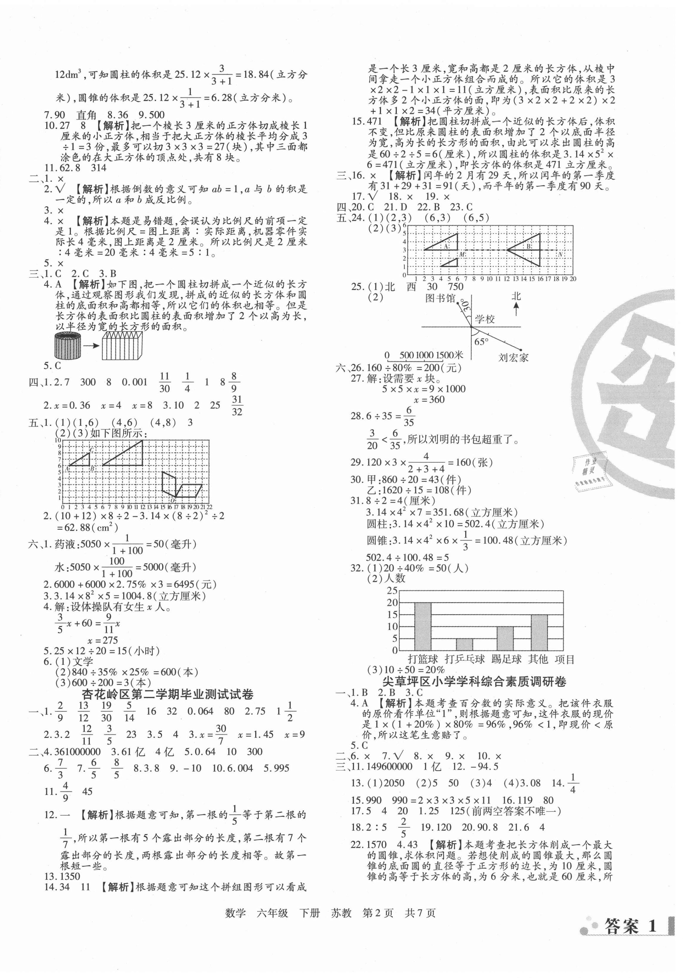 2021年學(xué)業(yè)測評期末真題必刷卷六年級數(shù)學(xué)下冊蘇教版山西專版 參考答案第2頁