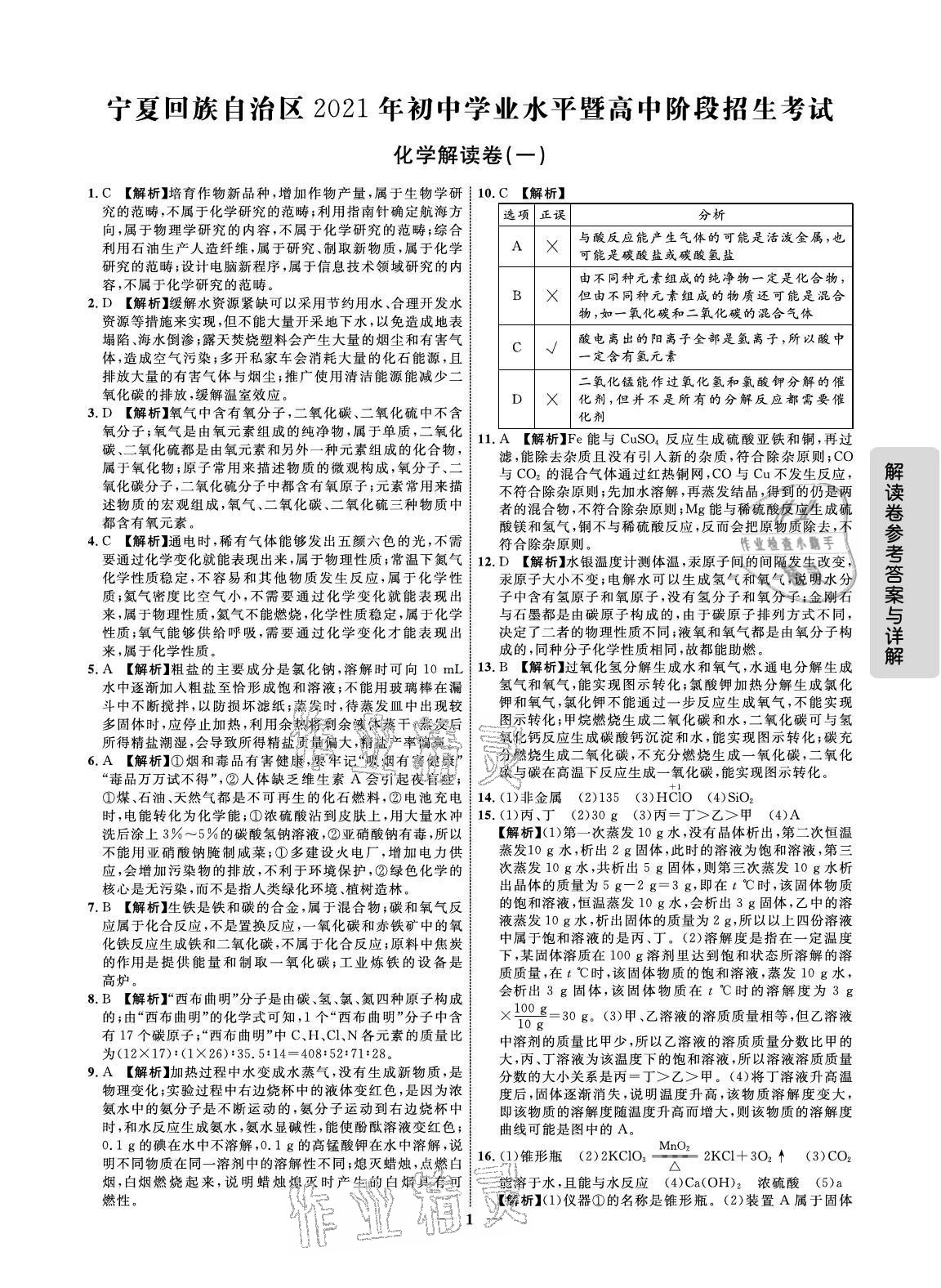 2021年解讀卷5加3化學(xué)寧夏專版 參考答案第1頁