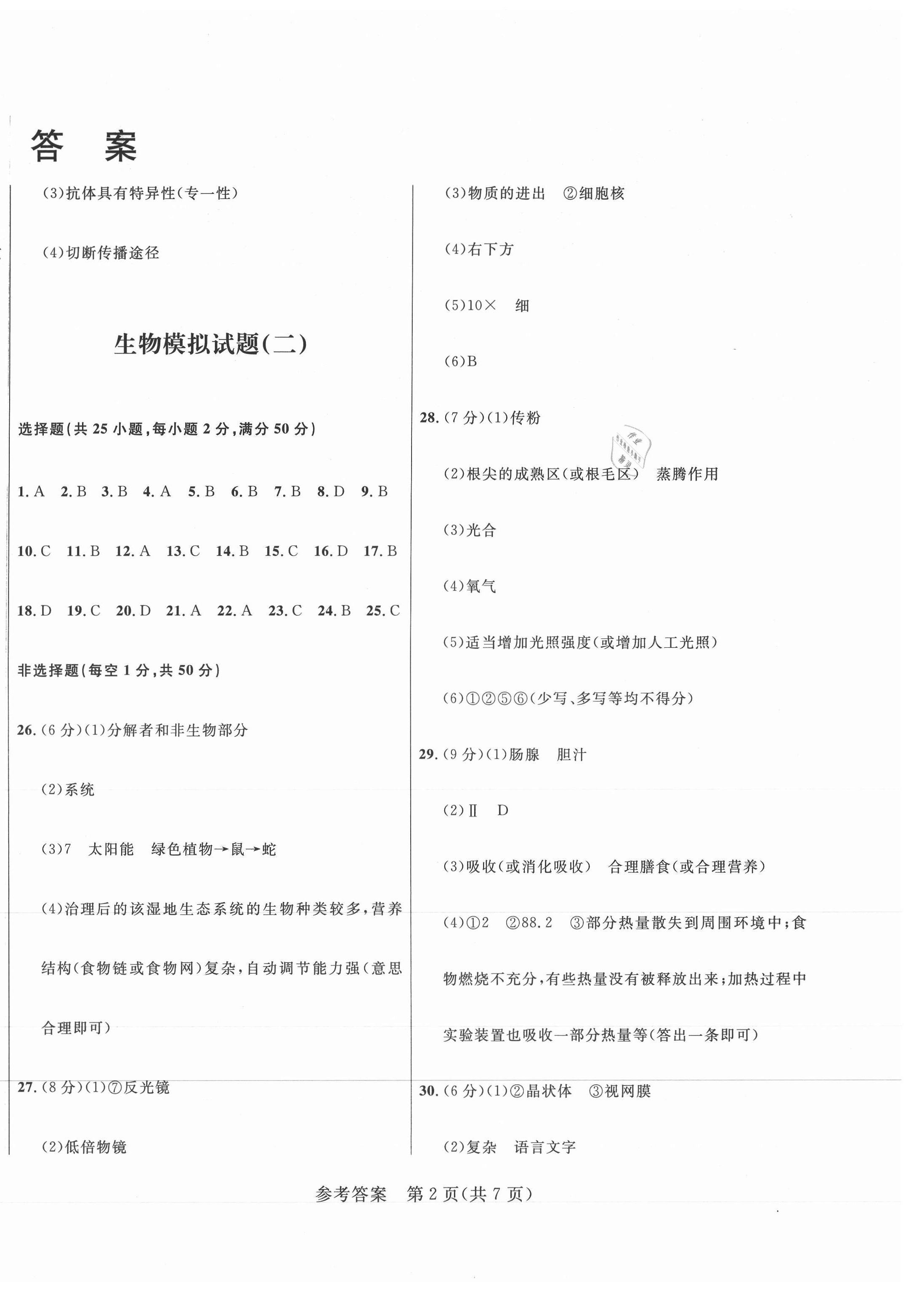 2021年正大圖書初中學(xué)業(yè)水平考試預(yù)測(cè)卷生物 參考答案第2頁