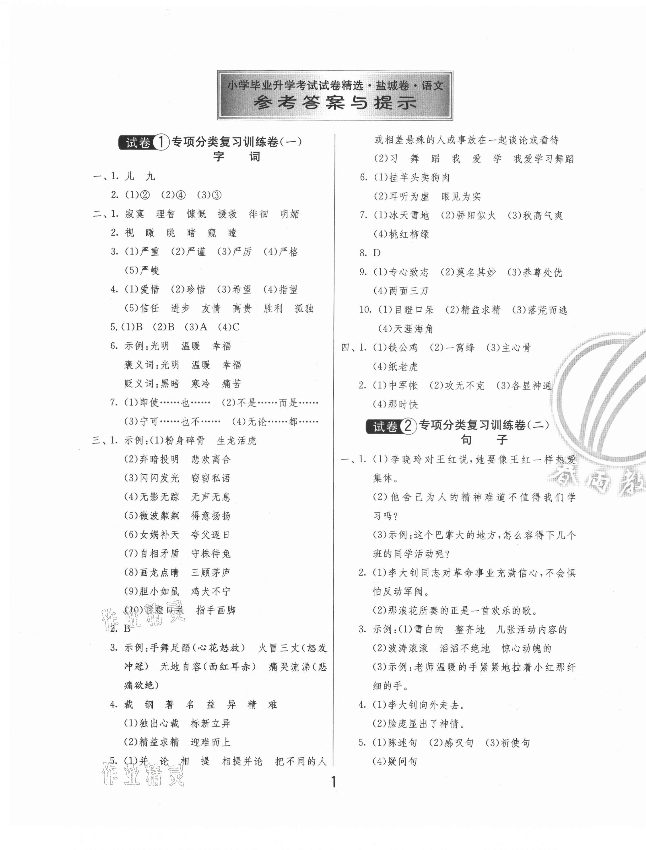 2021年考必勝鹽城市小學(xué)畢業(yè)升學(xué)考試試卷精選語文 第1頁