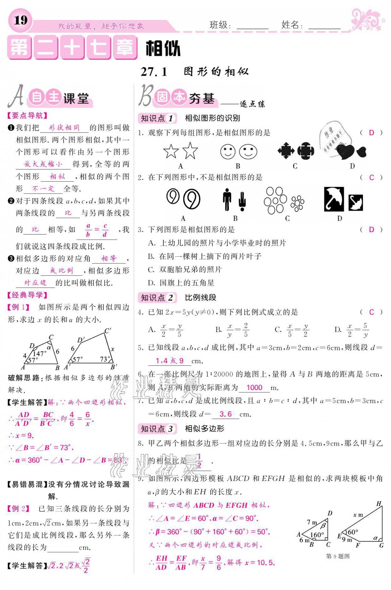 2021年課堂點(diǎn)睛九年級(jí)數(shù)學(xué)下冊(cè)人教版寧夏專版 參考答案第19頁