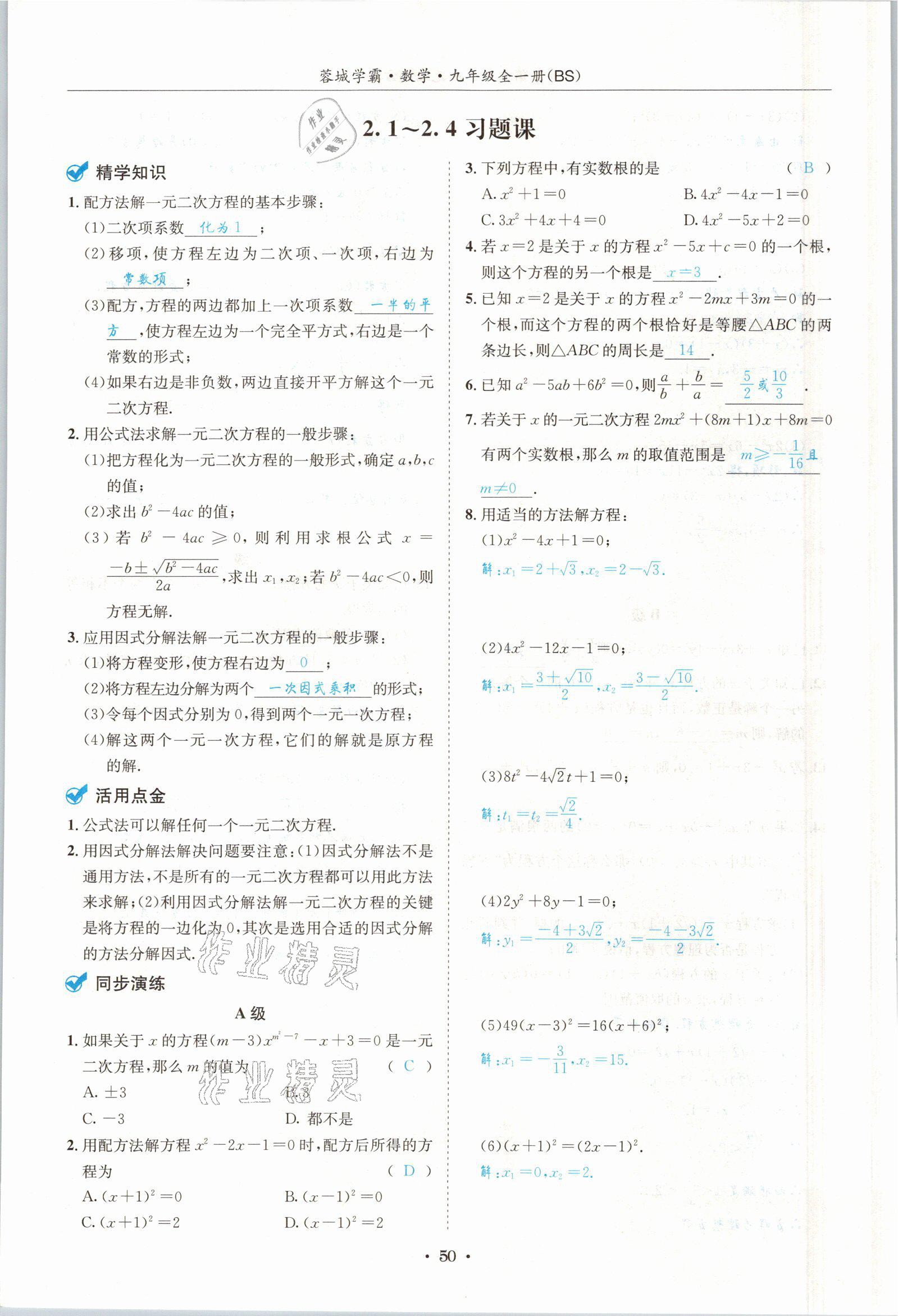 2021年蓉城学霸九年级数学全一册北师大版 参考答案第49页