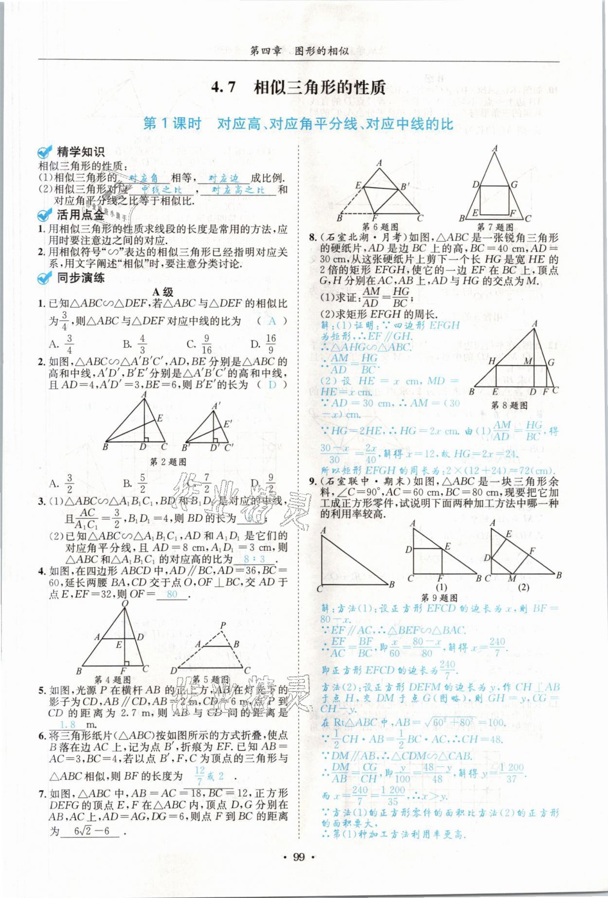 2021年蓉城学霸九年级数学全一册北师大版 参考答案第98页