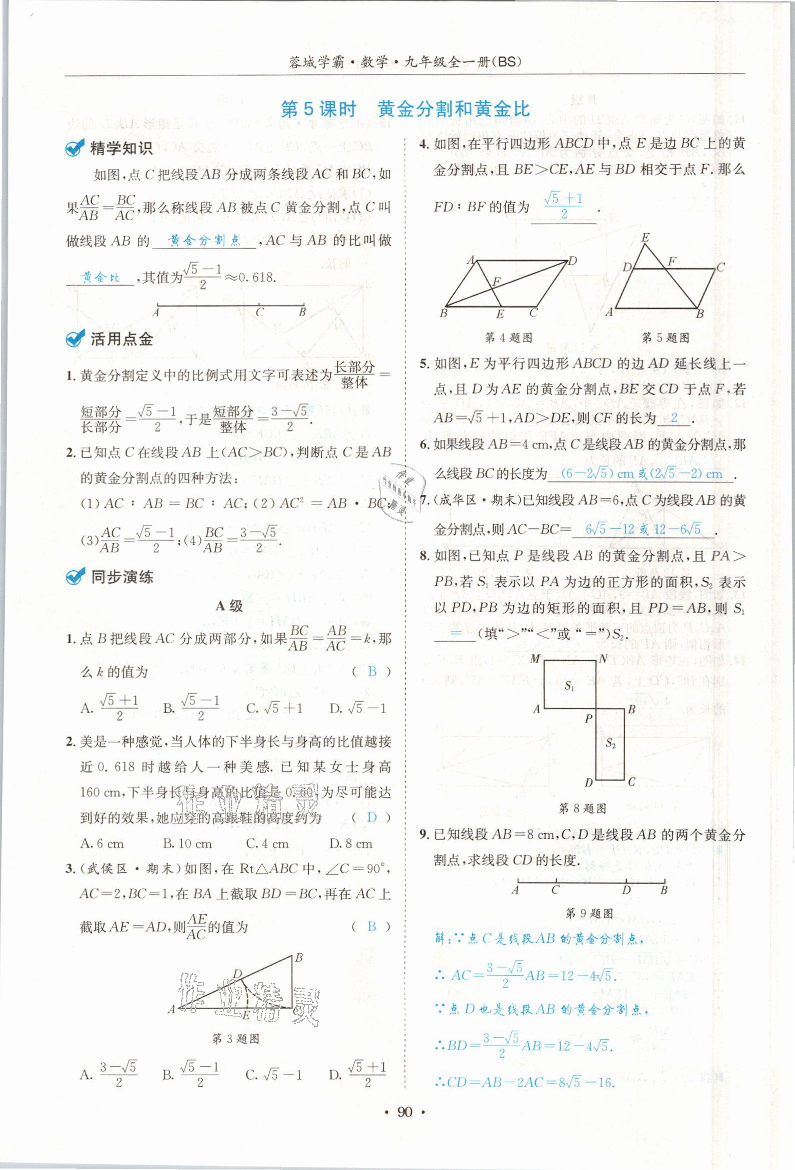 2021年蓉城學霸九年級數(shù)學全一冊北師大版 參考答案第89頁