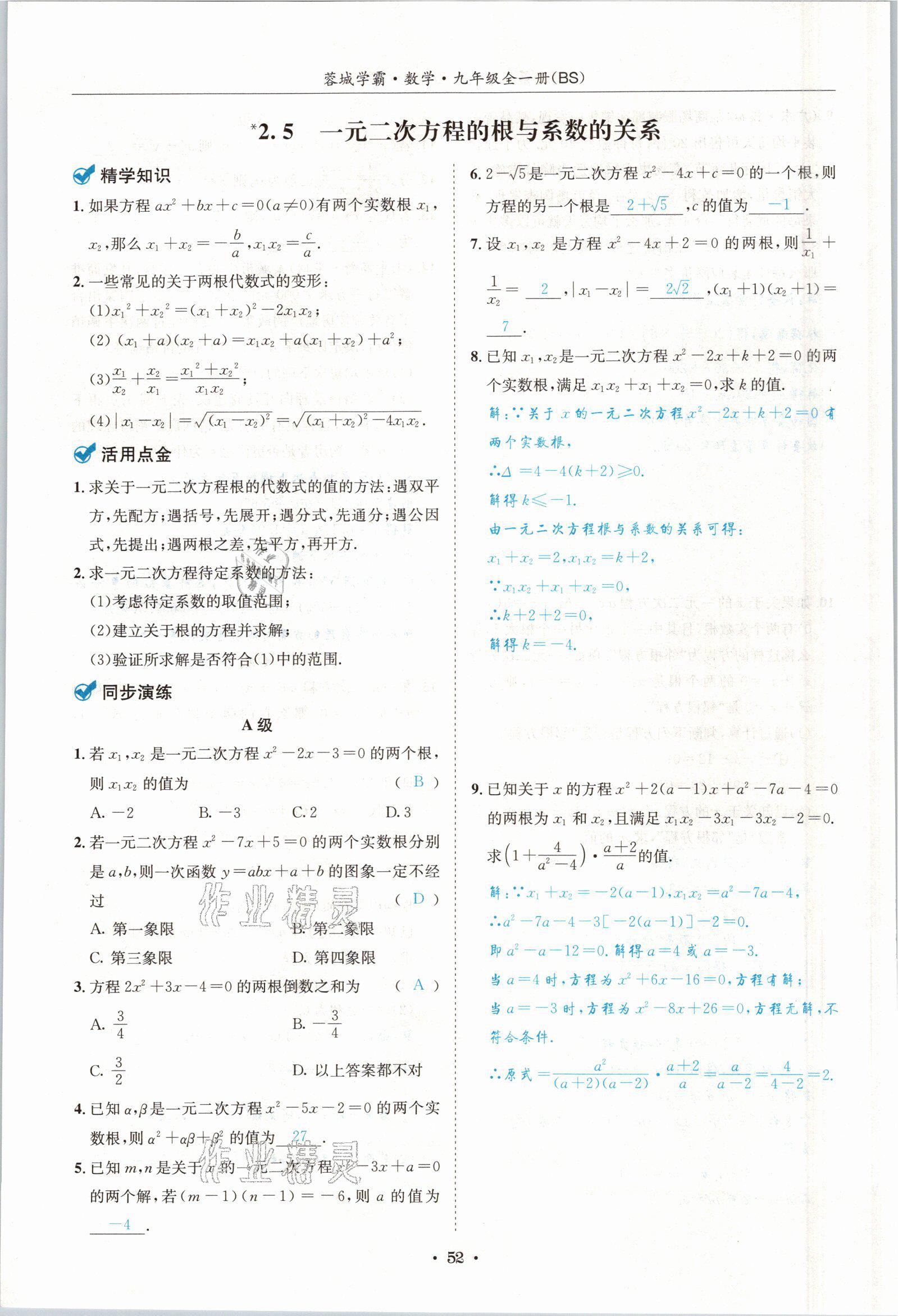 2021年蓉城学霸九年级数学全一册北师大版 参考答案第51页