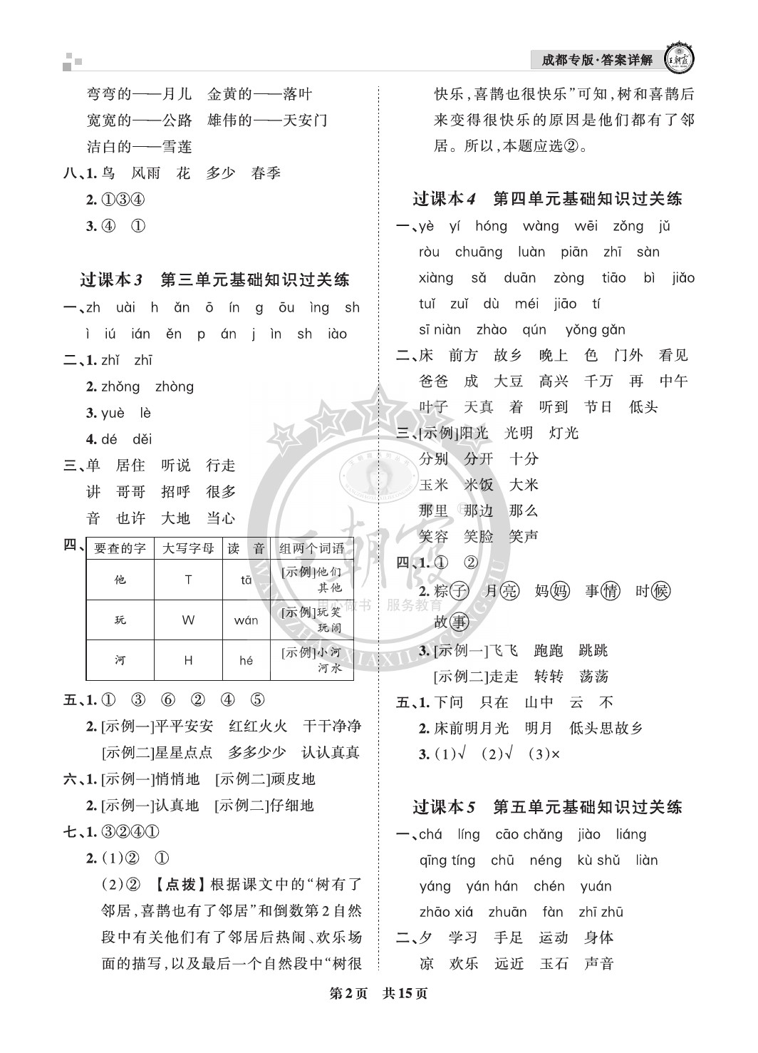 2021年王朝霞各地期末試卷精選一年級語文下冊人教版成都專版 參考答案第2頁