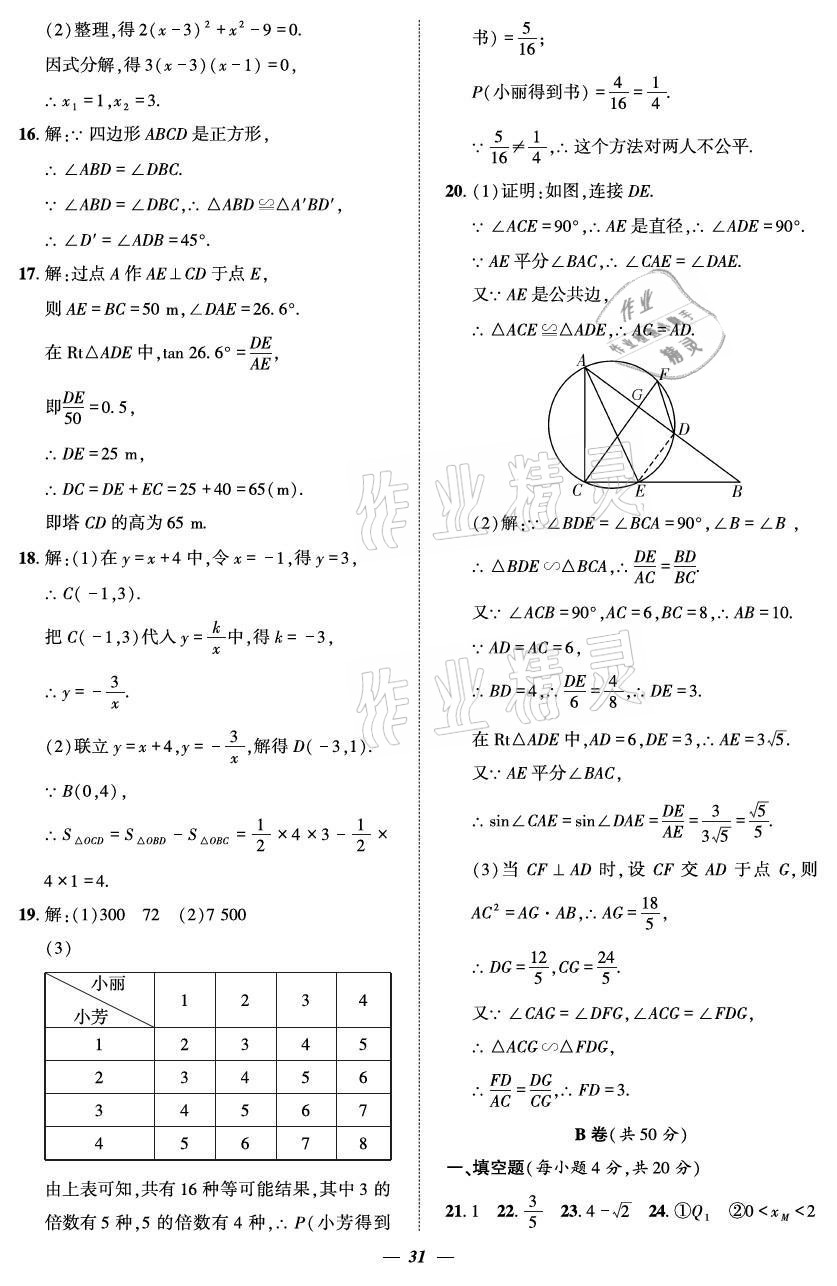 2021年課外培優(yōu)分層訓(xùn)練初數(shù)一號(hào)九年級(jí)數(shù)學(xué)全一冊(cè)北師大版 參考答案第31頁(yè)