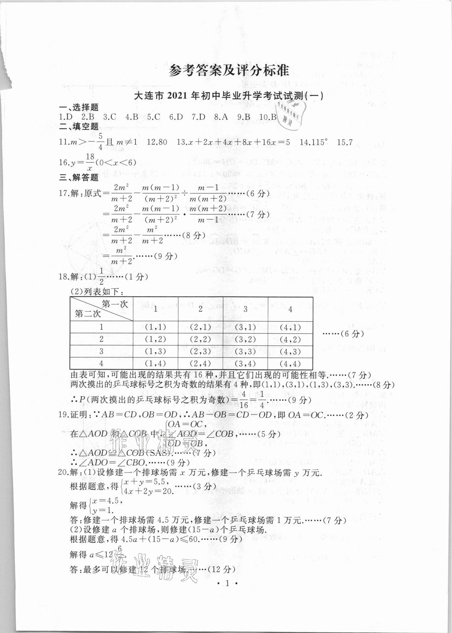 2021年中考決勝卷數(shù)學中考人教版 第1頁