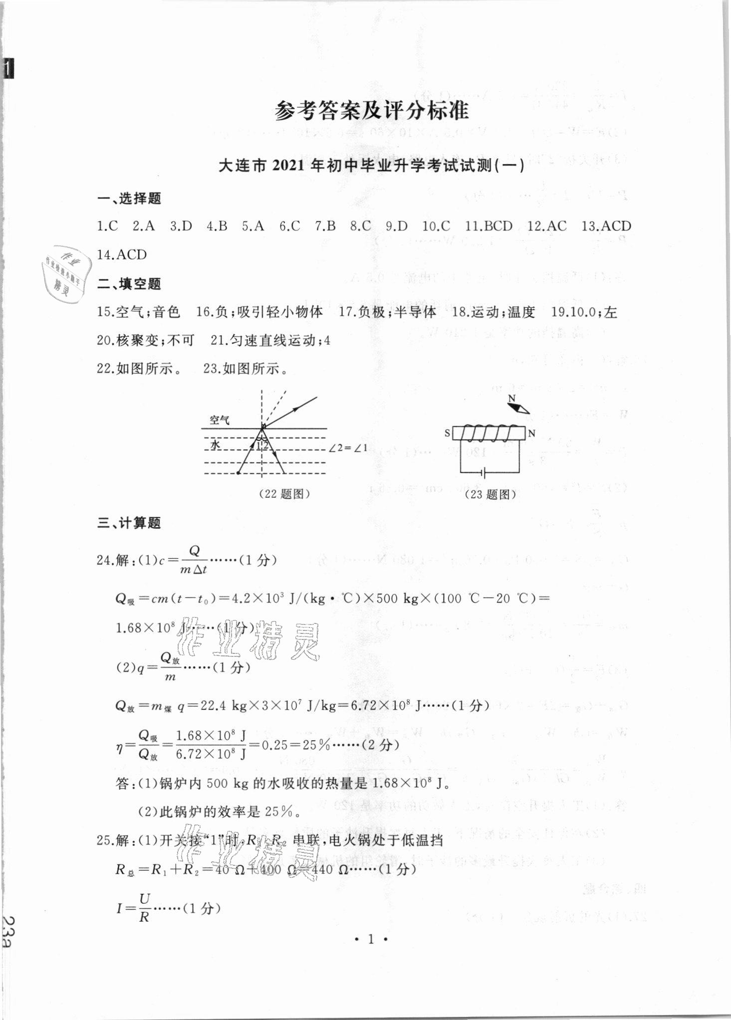 2021年中考決勝卷物理中考人教版 參考答案第1頁
