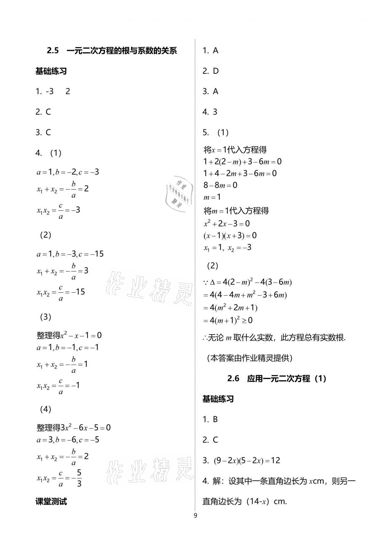 2021年创意课堂分课活页训练九年级数学上册北师大版 参考答案第9页