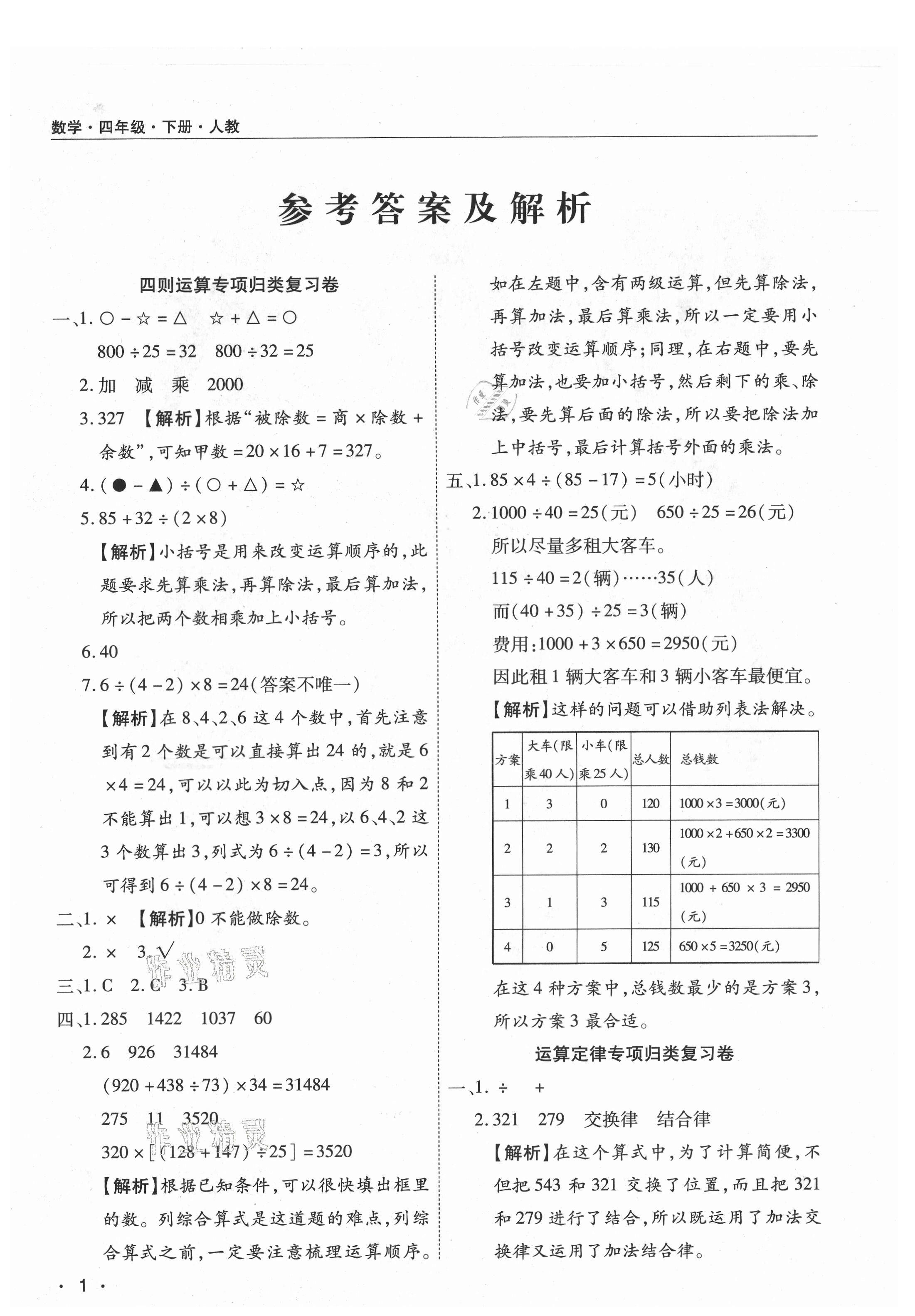 2021年期末考試必刷卷四年級數(shù)學(xué)下冊人教版河南專版 參考答案第1頁