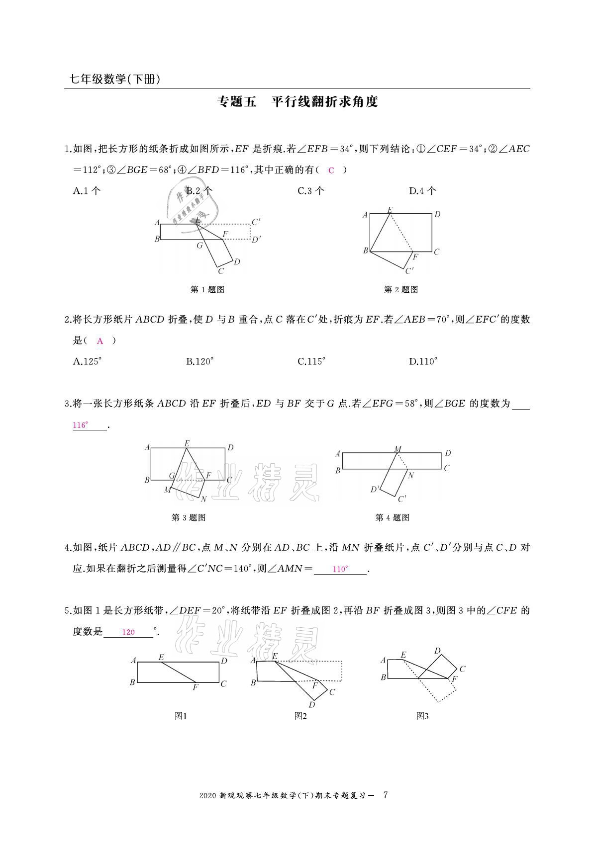 2021年思維新觀察期末復習專題七年級數(shù)學下冊人教版 參考答案第7頁