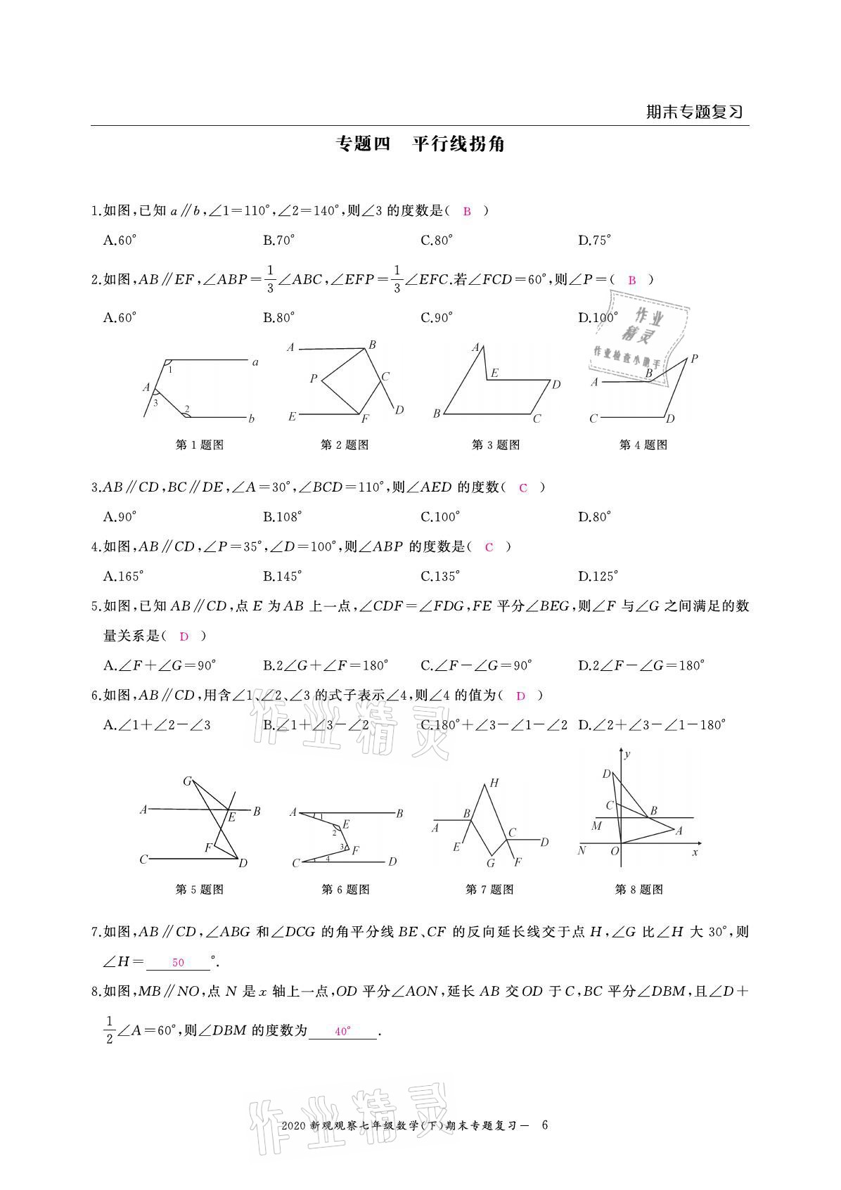 2021年思維新觀察期末復習專題七年級數(shù)學下冊人教版 參考答案第6頁