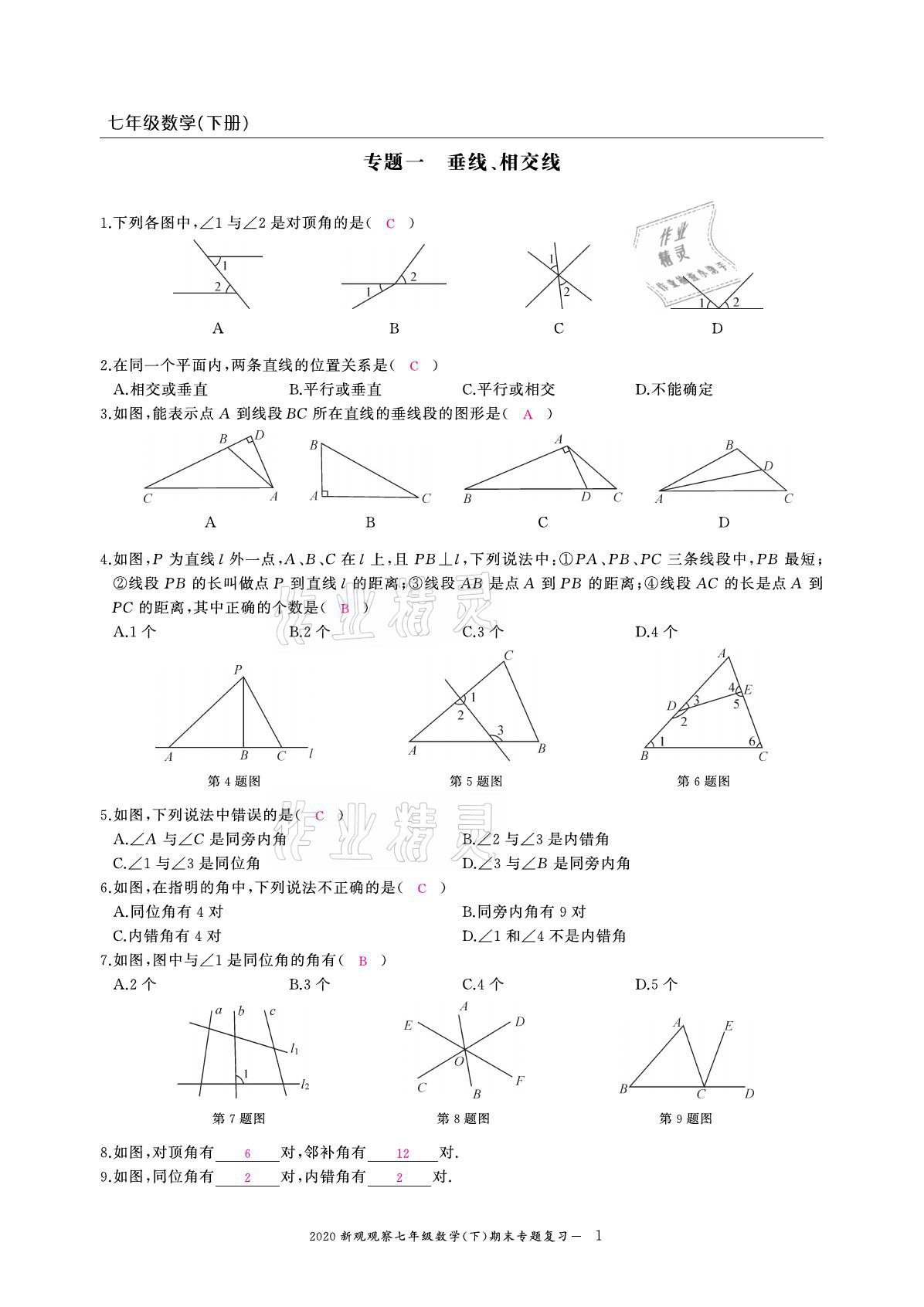 2021年思維新觀察期末復(fù)習(xí)專題七年級數(shù)學(xué)下冊人教版 參考答案第1頁