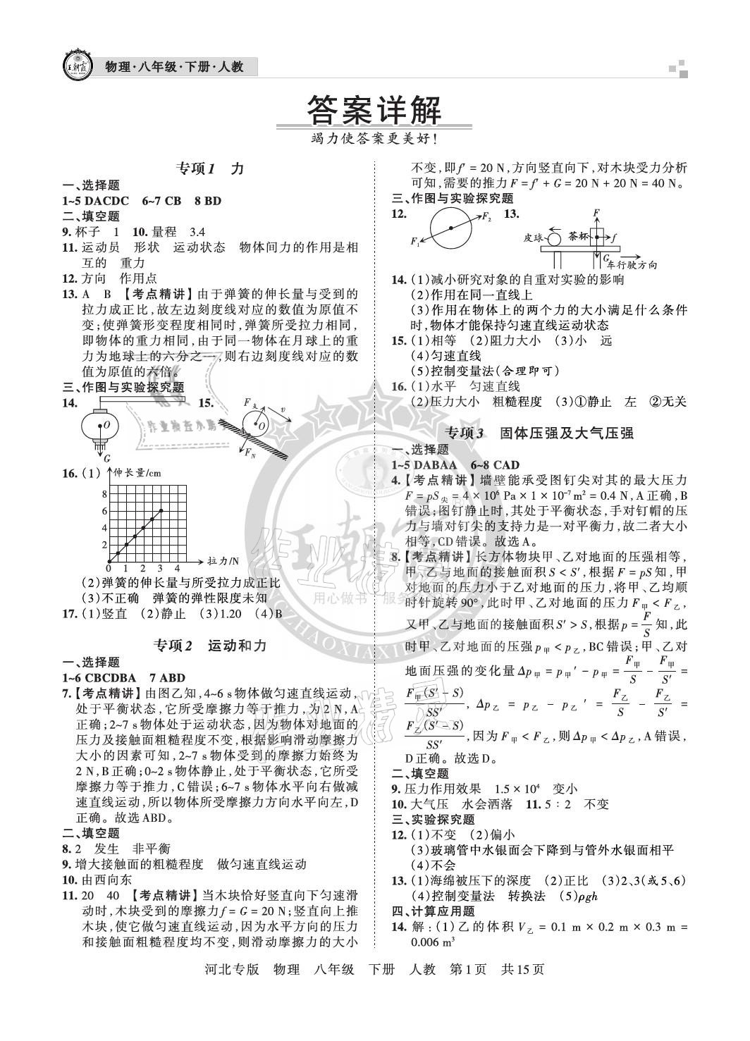 2021年王朝霞各地期末试卷精选八年级物理下册人教版河北专版 参考答案第1页