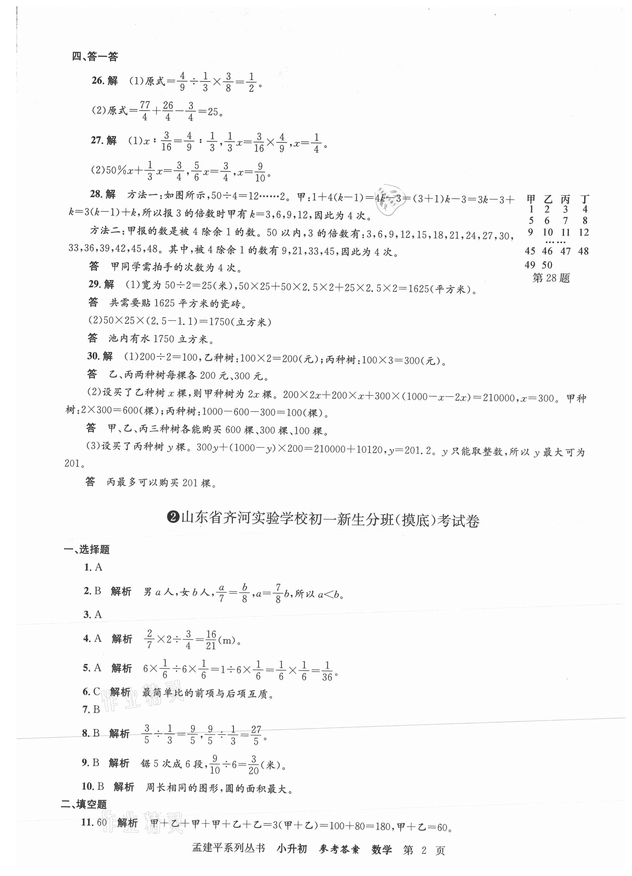 2021年孟建平小升初名校新生分班摸底考試卷數(shù)學(xué) 參考答案第2頁(yè)