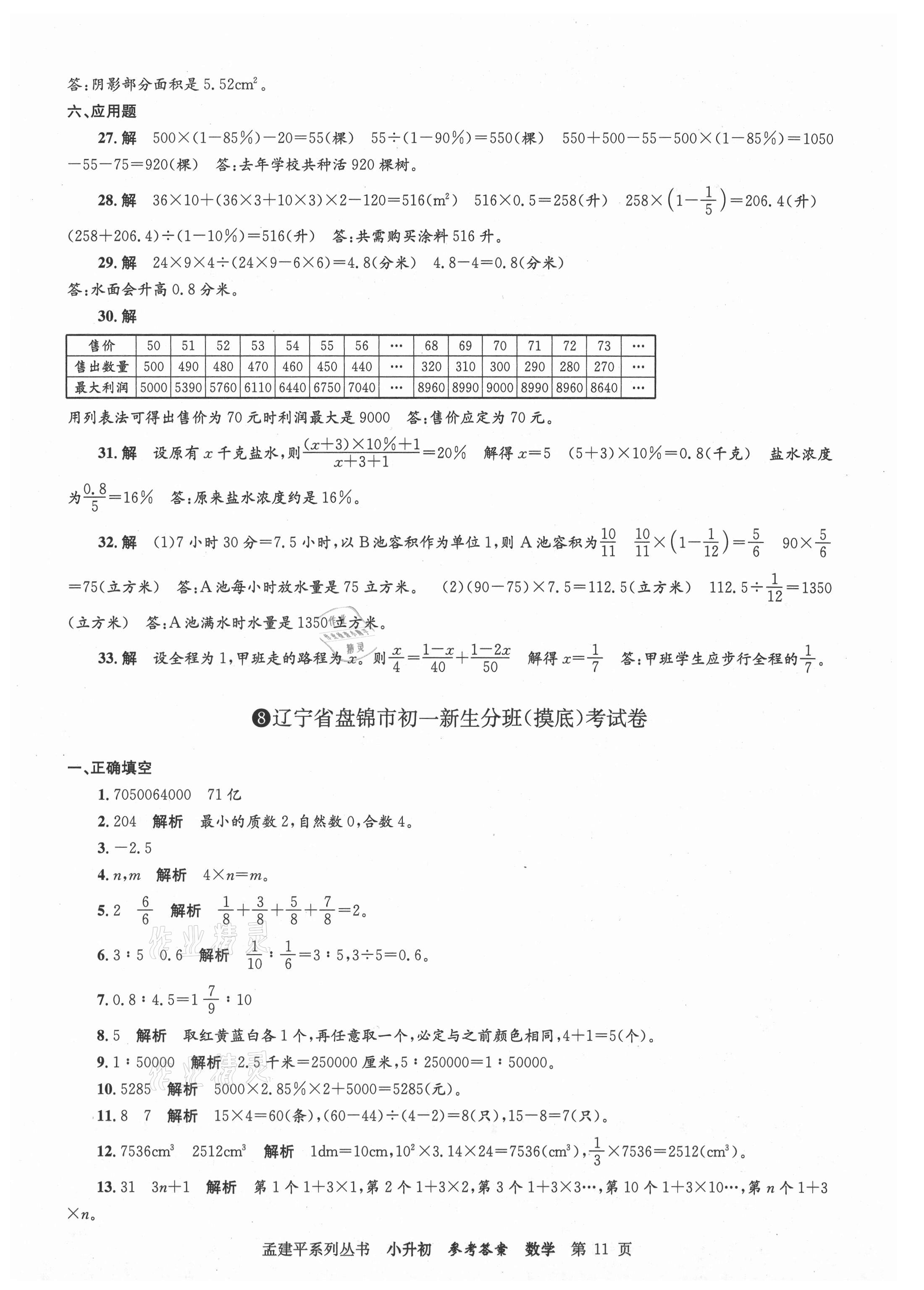 2021年孟建平小升初名校新生分班摸底考試卷數(shù)學 參考答案第11頁