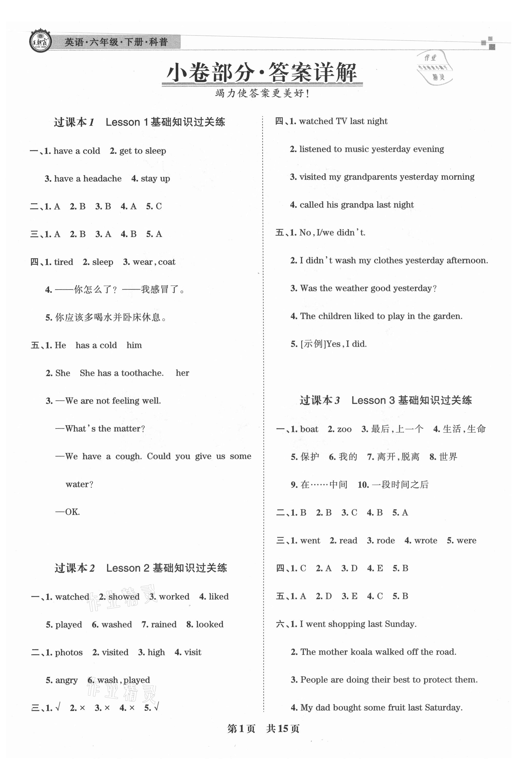 2021年王朝霞各地期末试卷精选六年级英语下册科普版洛阳专版 参考答案第1页