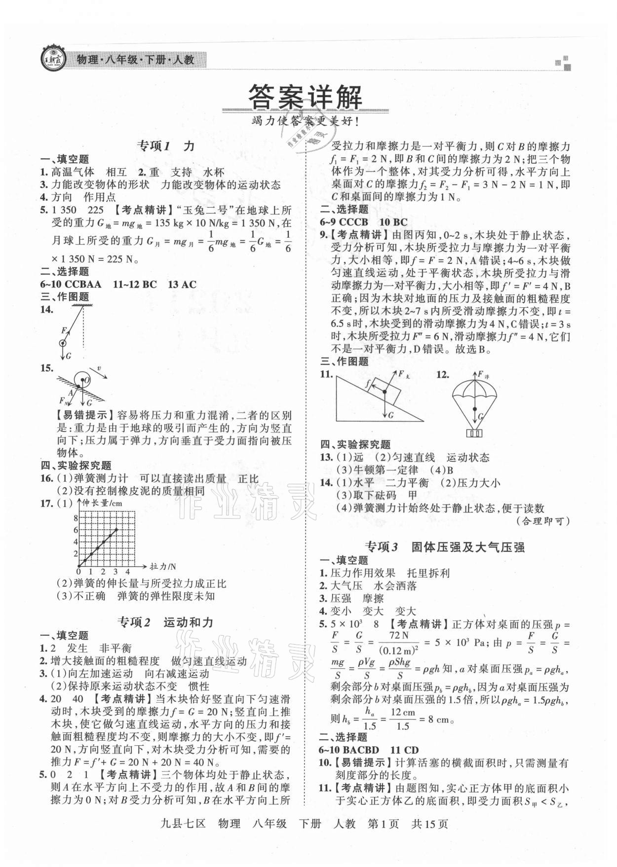 2021年王朝霞各地期末試卷精選八年級物理下冊人教版洛陽專版 參考答案第1頁