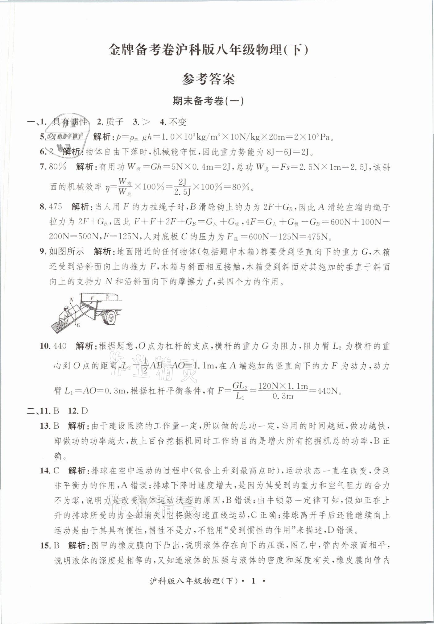 2021年金牌備考卷八年級(jí)物理下冊(cè)滬科版 參考答案第1頁(yè)