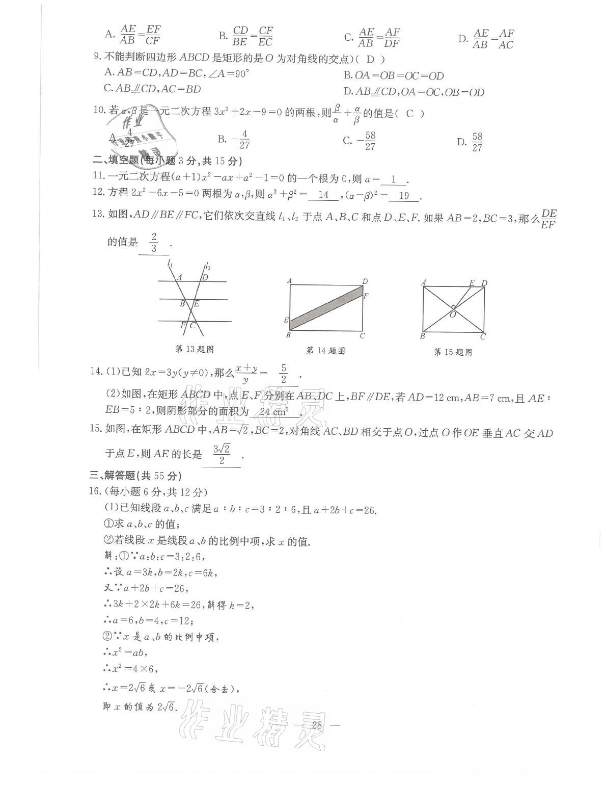 2021年初中數(shù)學(xué)每周過手最佳方案九年級全一冊北師大版 參考答案第28頁