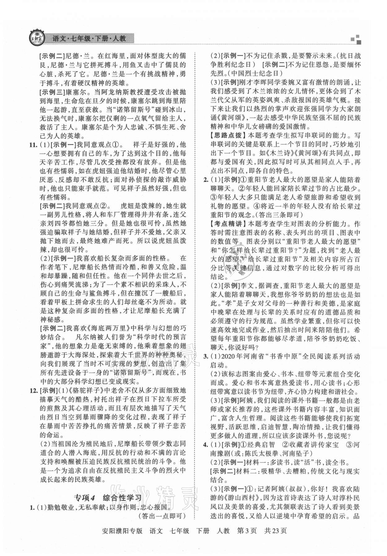 2021年王朝霞期末真題精編七年級語文下冊人教版安濮專版 參考答案第3頁