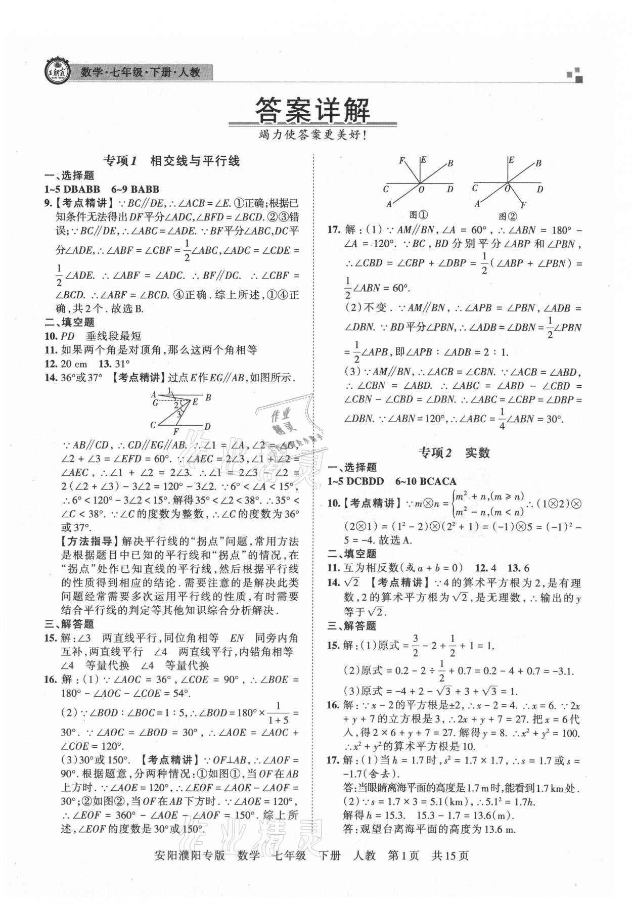 2021年王朝霞期末真题精编七年级数学下册人教版安濮专版 参考答案第1页