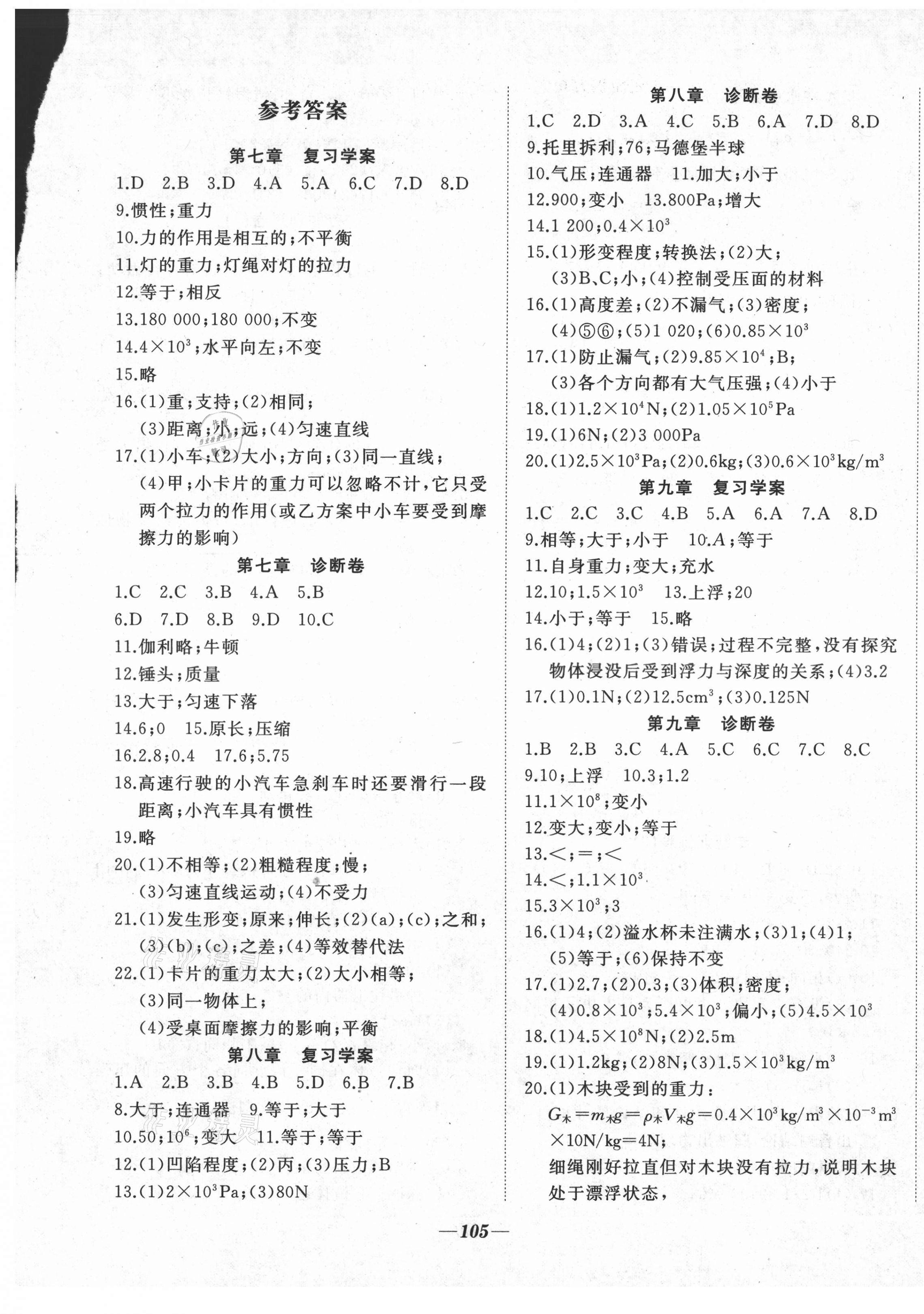 2021年名校1號挑戰滿分八年級物理下冊滬教版 參考答案第1頁