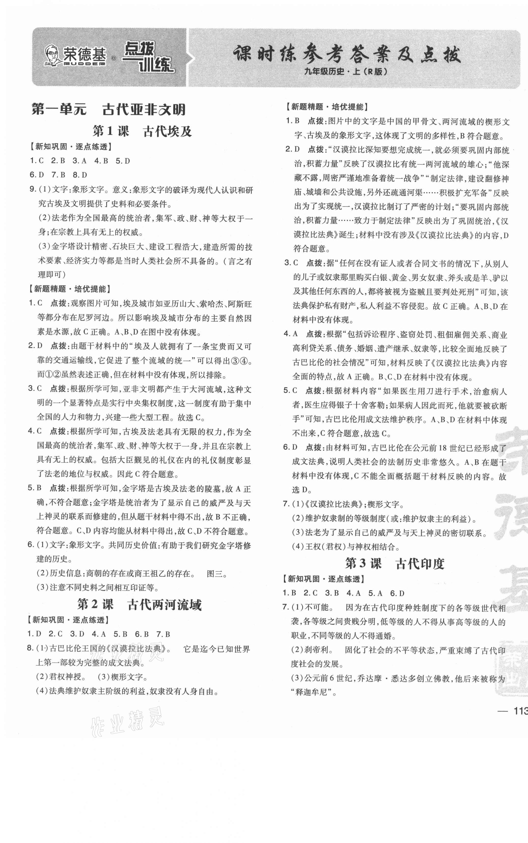 2021年點(diǎn)撥訓(xùn)練九年級(jí)歷史上冊(cè)人教版 參考答案第1頁(yè)