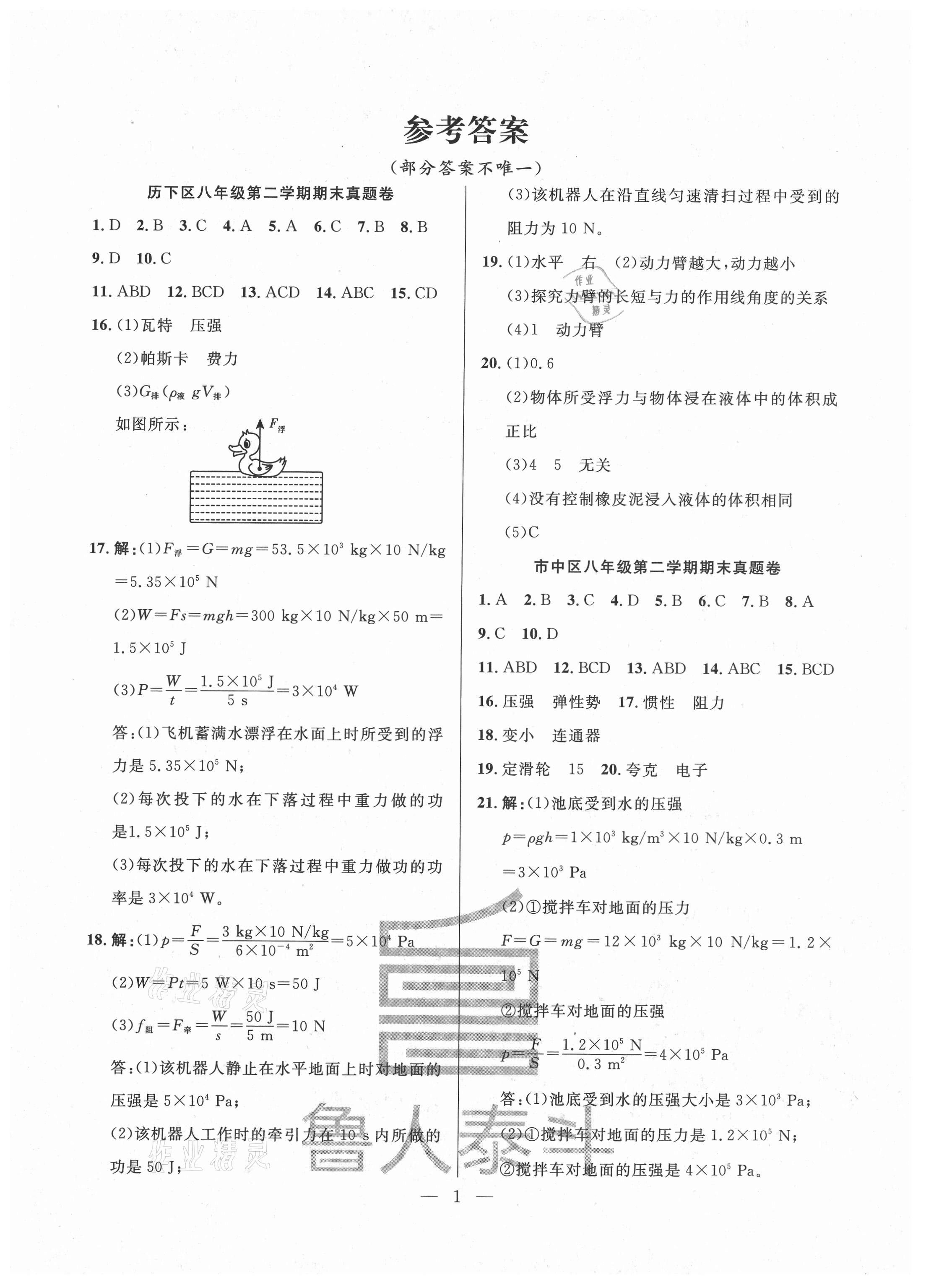 2021年考前示范卷八年級(jí)物理下冊(cè)人教版濟(jì)南專版 第1頁(yè)