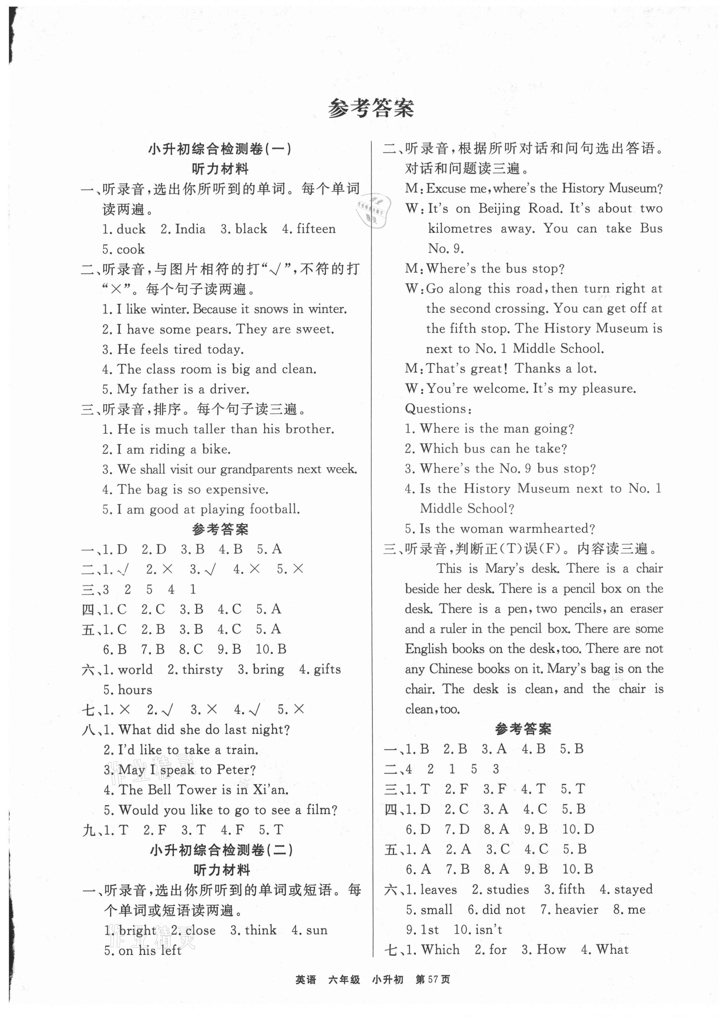 2021年新起點(diǎn)小升初優(yōu)選好卷六年級英語 參考答案第1頁