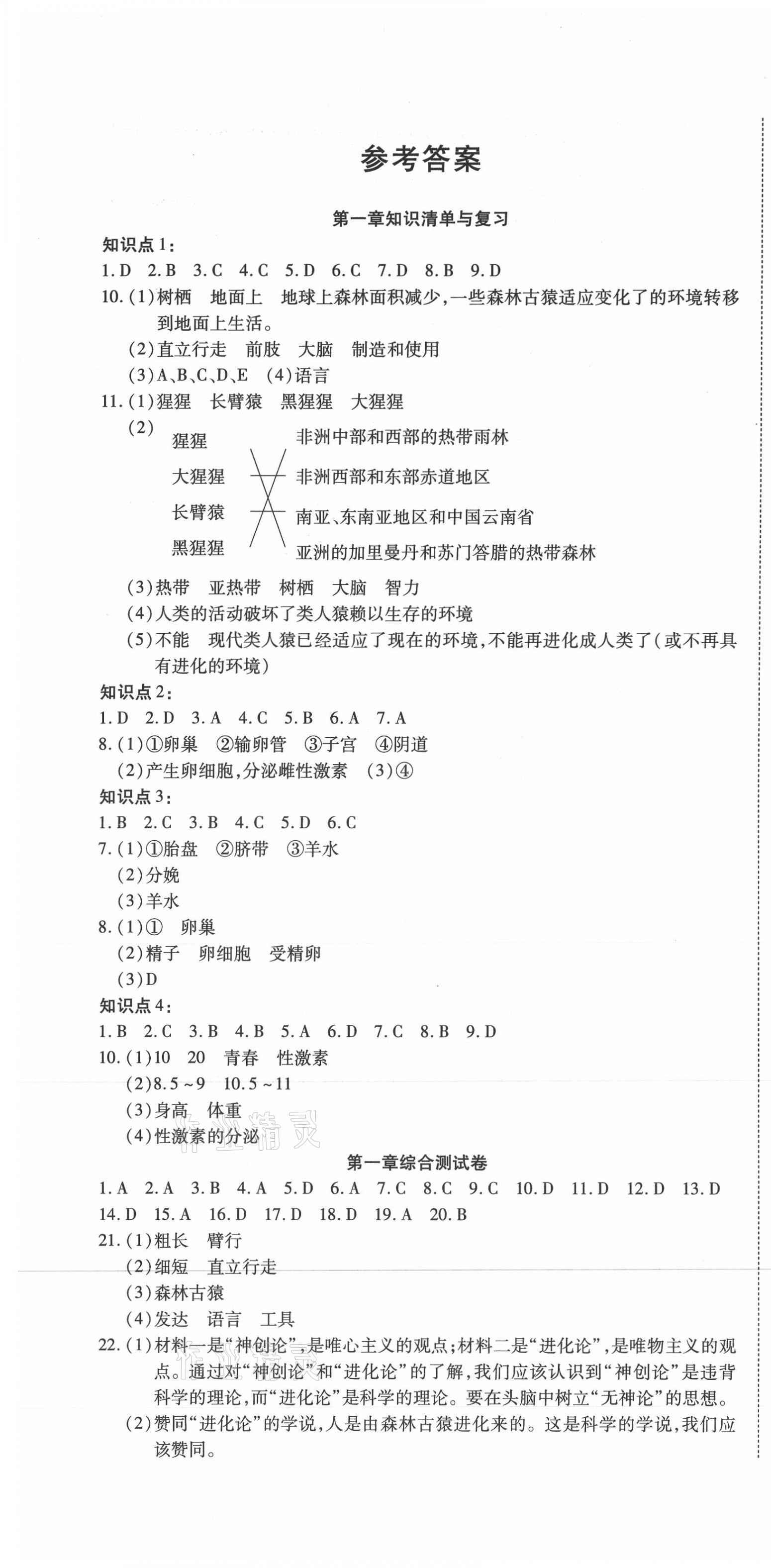 2021年金狀元提優(yōu)好卷七年級生物下冊人教版 參考答案第1頁