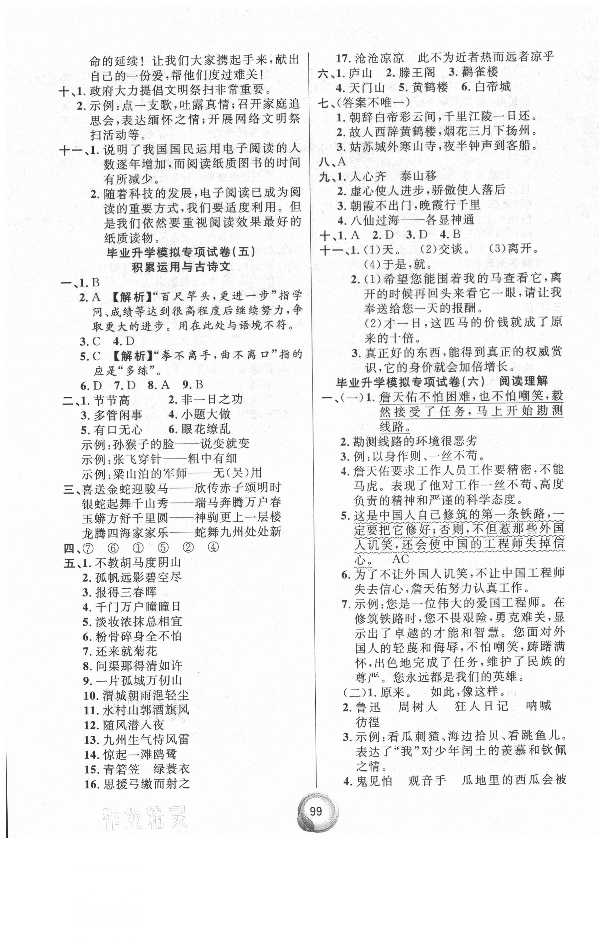 2021年畢業(yè)總復(fù)習(xí)小升初入學(xué)測(cè)試卷語(yǔ)文 參考答案第3頁(yè)