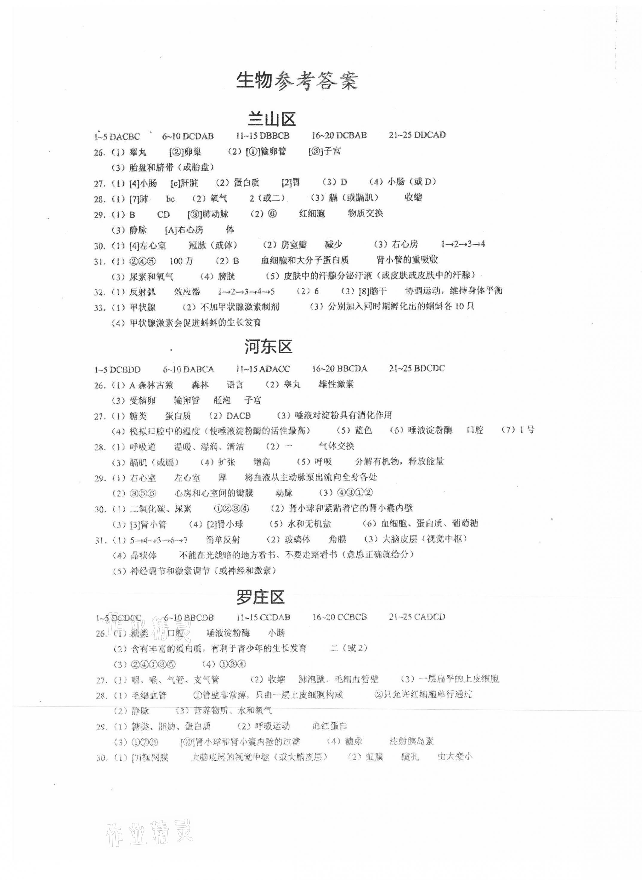 2021年期末100分初中期末真題卷七年級生物下冊人教版 參考答案第1頁