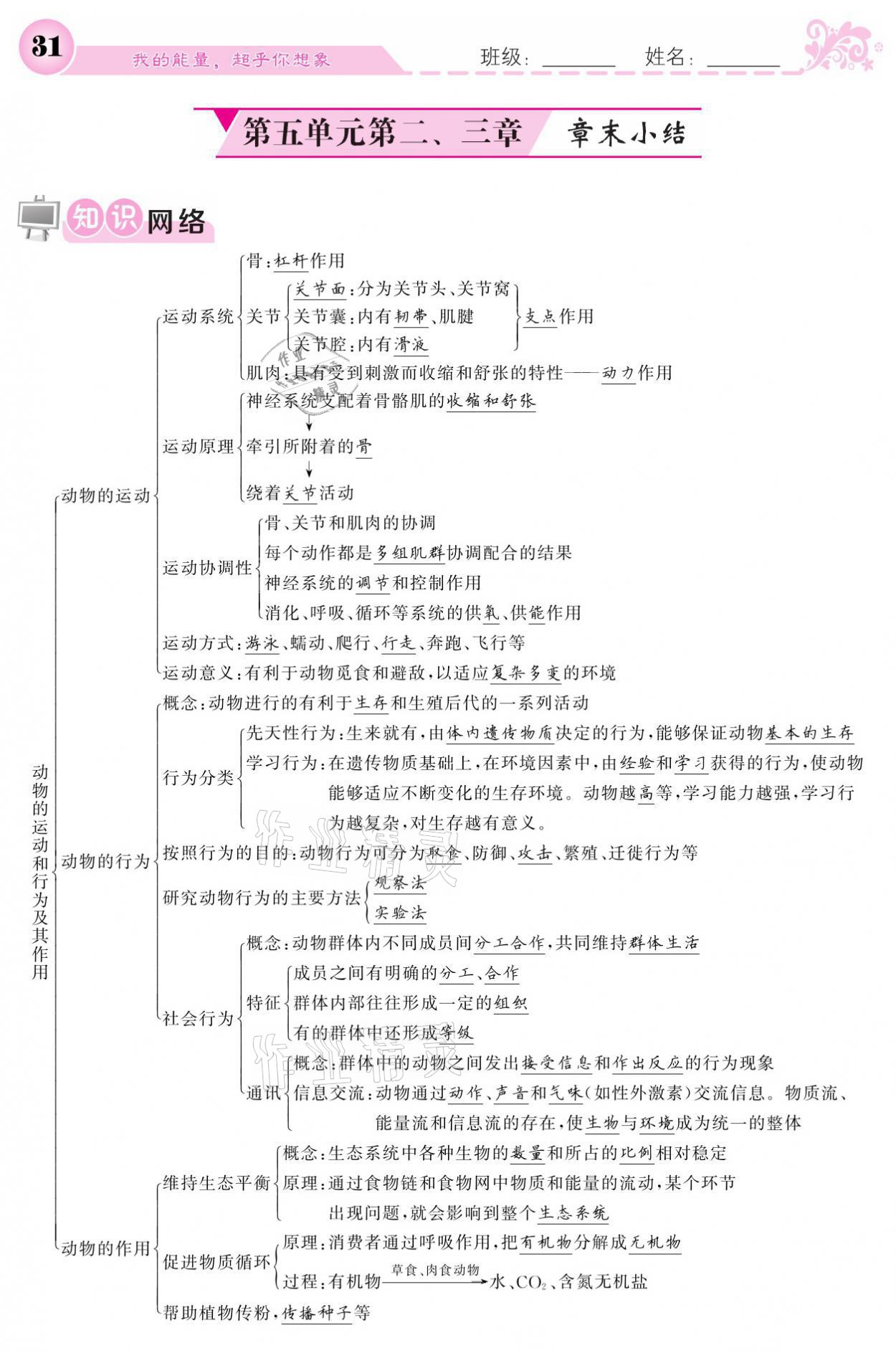 2021年課堂點睛八年級生物上冊人教版寧夏專版 參考答案第31頁