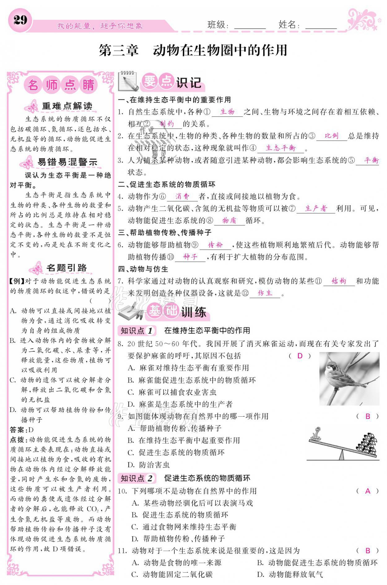 2021年課堂點睛八年級生物上冊人教版寧夏專版 參考答案第29頁