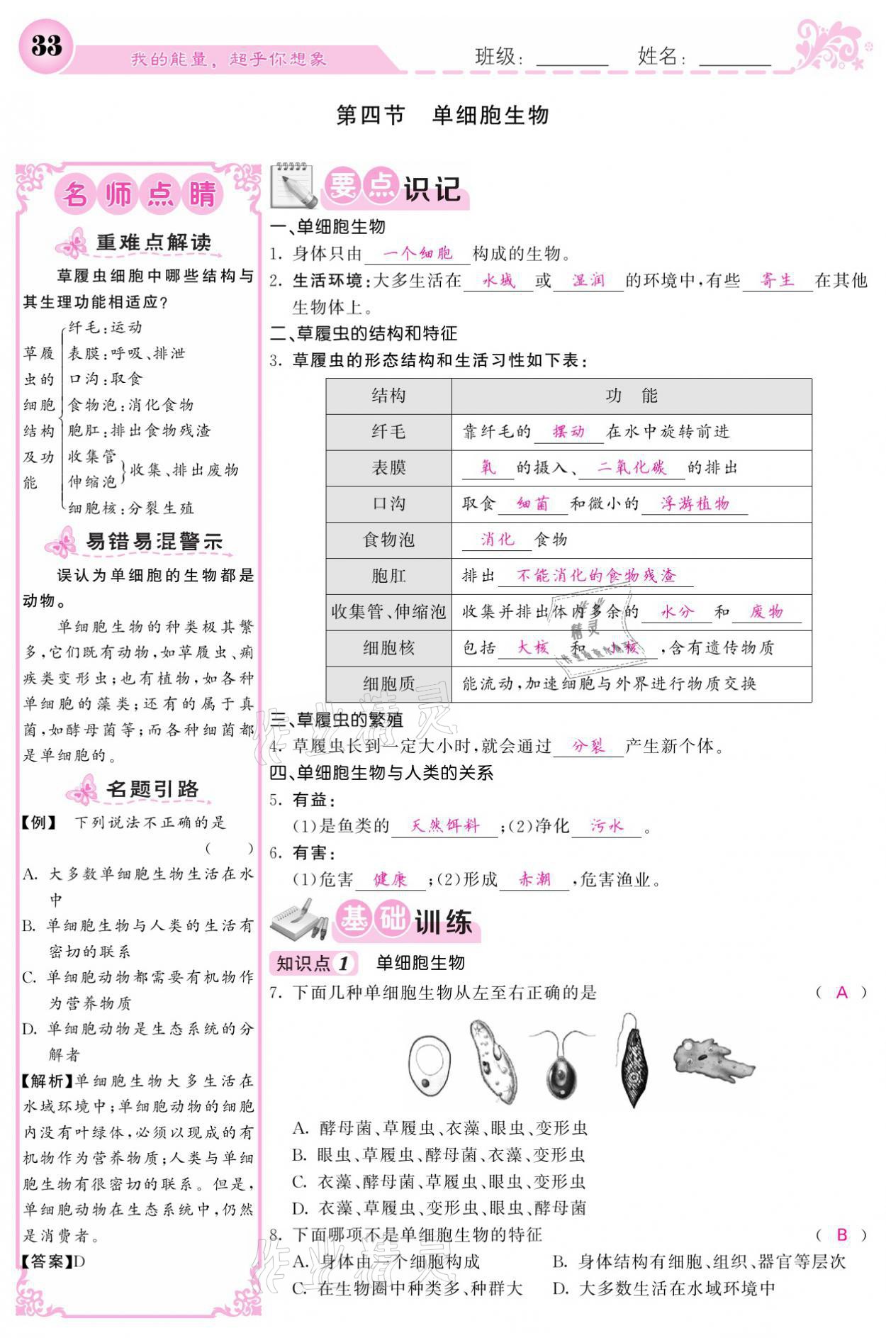 2021年課堂點睛七年級生物上冊人教版寧夏專版 參考答案第33頁
